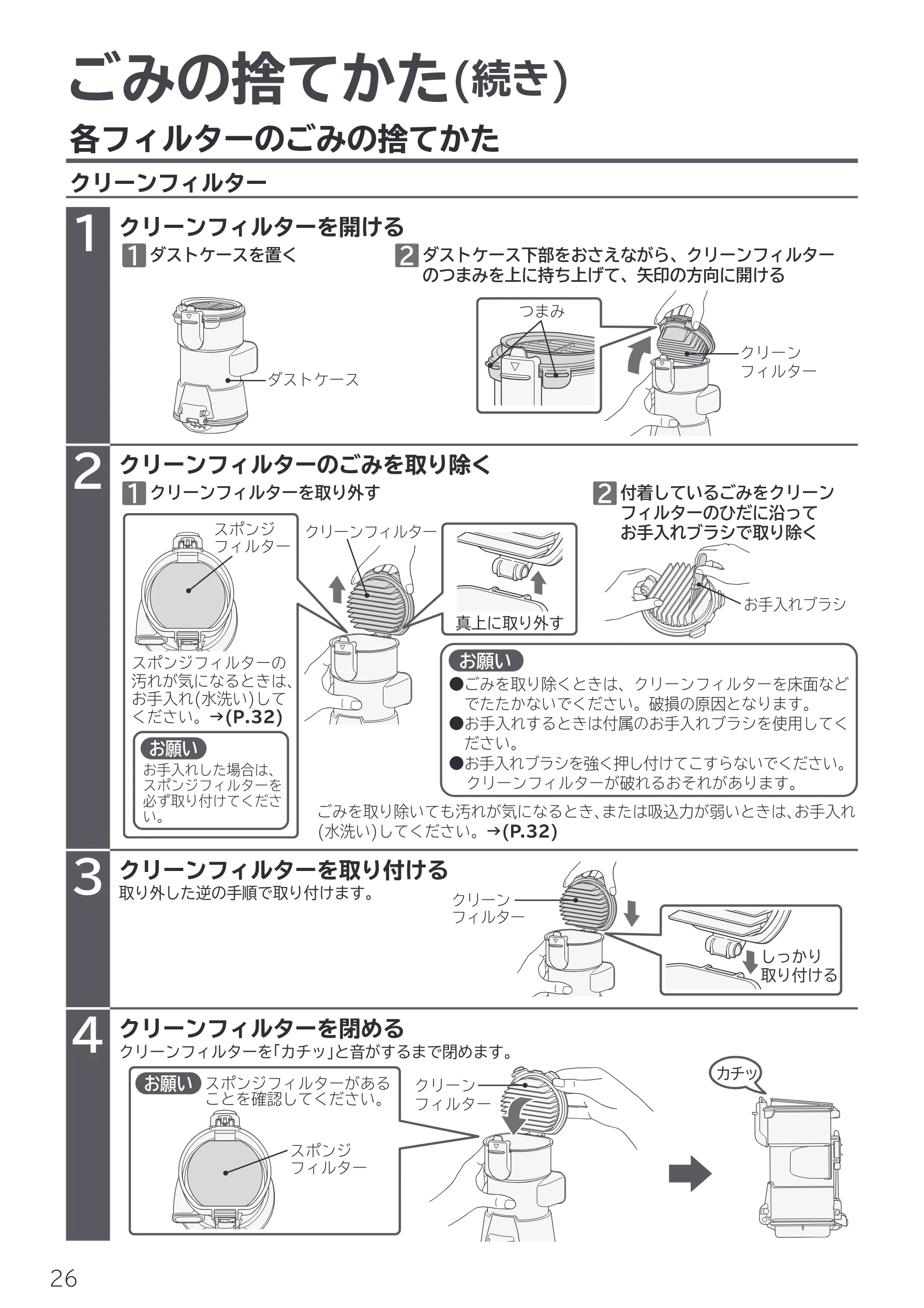 日立 PV-BL50P 取扱説明書 — 各フィルターのごみの捨てかた ごみの捨てかた(続き) — 図版 26-1 — 26ページ