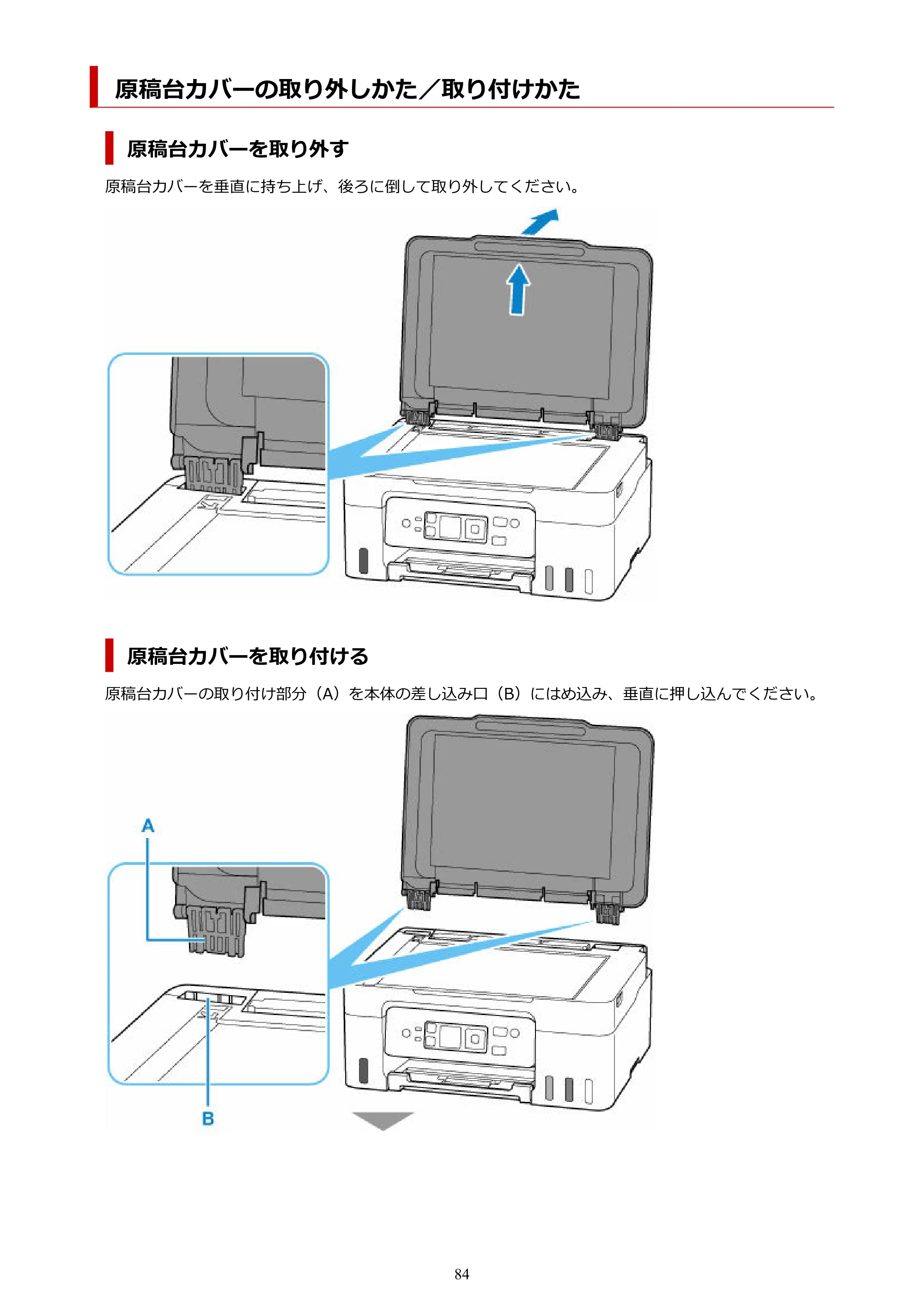 キヤノン G3370 G3370 (PDF) オンラインマニュアル 取扱説明書 2026年3月19日掲載（PDF：5.5MB） — 原稿台カバーの取り外しかた／取り付けかた — 原本ページ — 84ページ