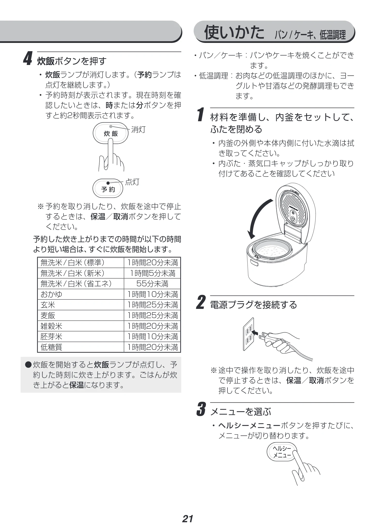 アイリスオーヤマ RC-IL30-HA 取扱説明書 — 使いかた パン/ ケーキ、低温調理 — 図版 21-1 — 21ページ