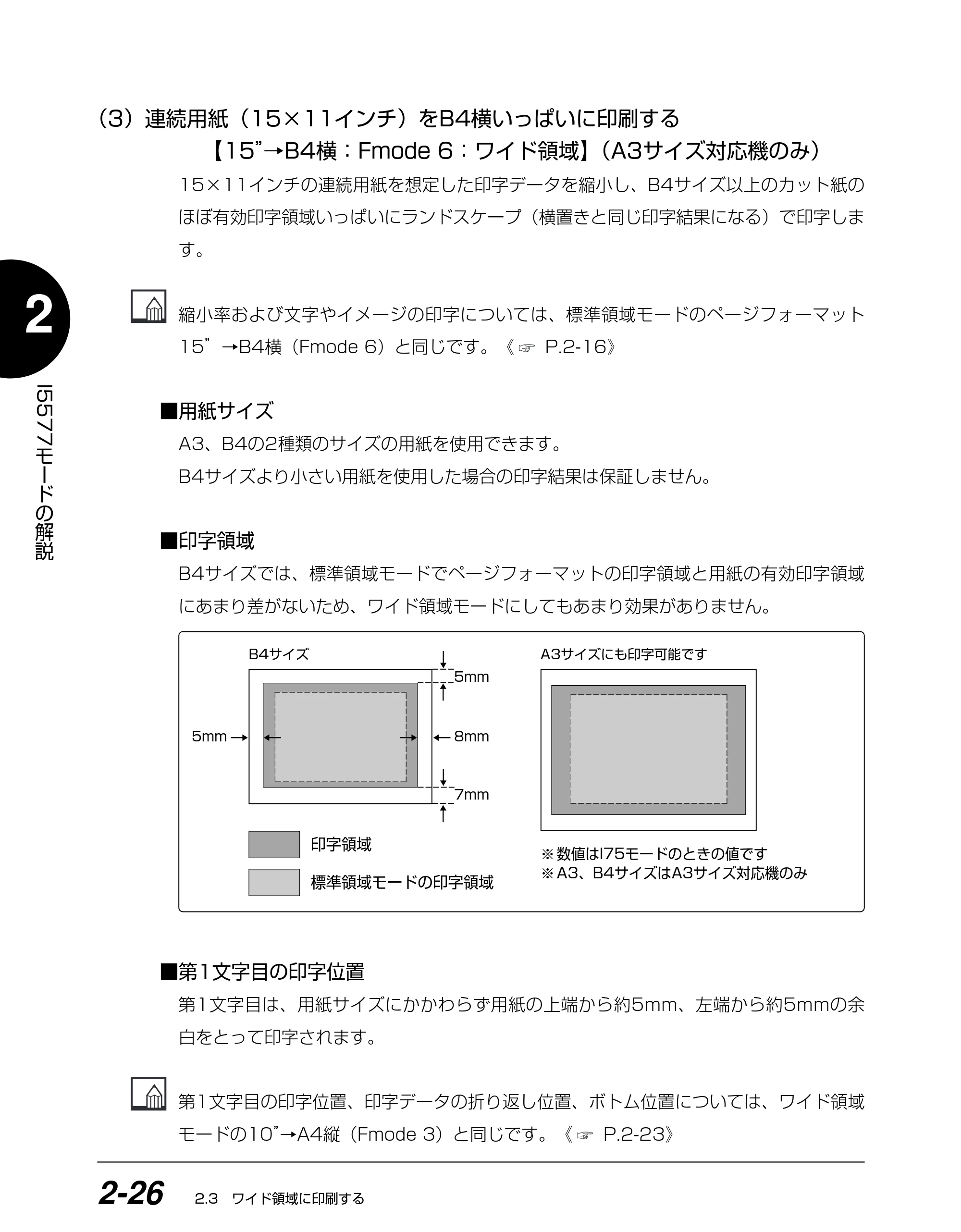 キヤノン BIJ2350/BIJ1350/BIJ1350D I5577ユーザーズガイド （PDF形式／4.55Mバイト） — （3）連続用紙（15 ×11 インチ）をB4横いっぱいに印刷する 【15 ”→B4 横：Fmode 6 ：ワイド領域】（A3サイズ対応機のみ） — 原本ページ — 43ページ