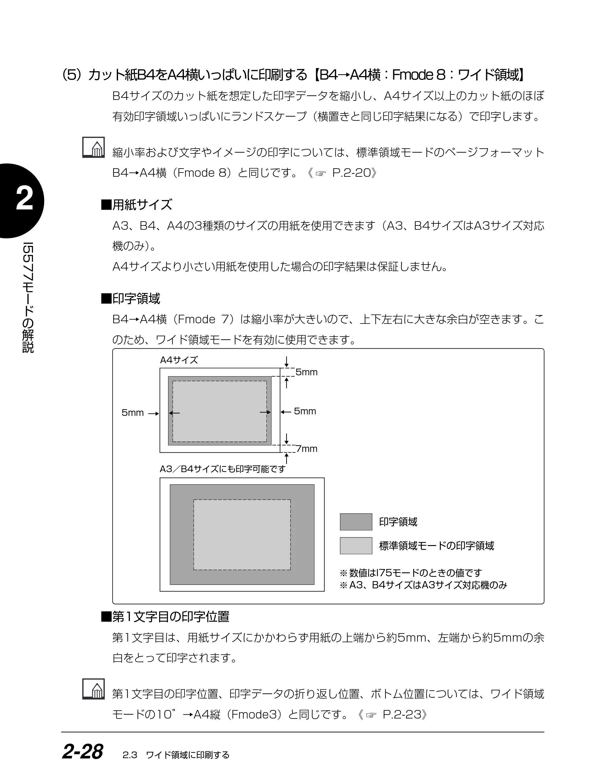 キヤノン BIJ2350/BIJ1350/BIJ1350D I5577ユーザーズガイド （PDF形式／4.55Mバイト） — （5）カット紙B4をA4横いっぱいに印刷する【B4 →A4 横：Fmode 8 ：ワイド領域】 — 原本ページ — 45ページ