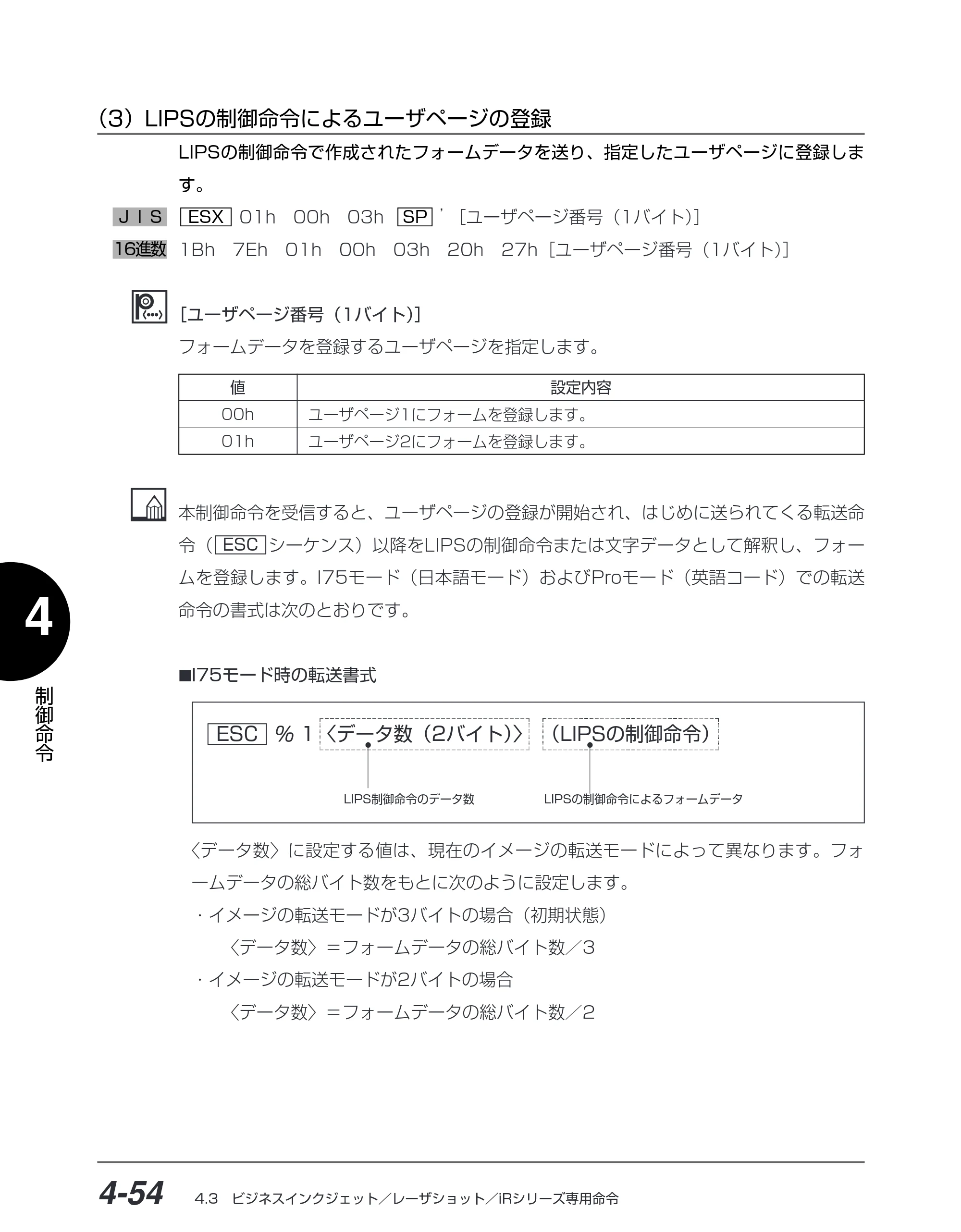 キヤノン BIJ2350/BIJ1350/BIJ1350D I5577ユーザーズガイド （PDF形式／4.55Mバイト） — （3）LIPSの制御命令によるユーザページの登録 — 原本ページ — 185ページ