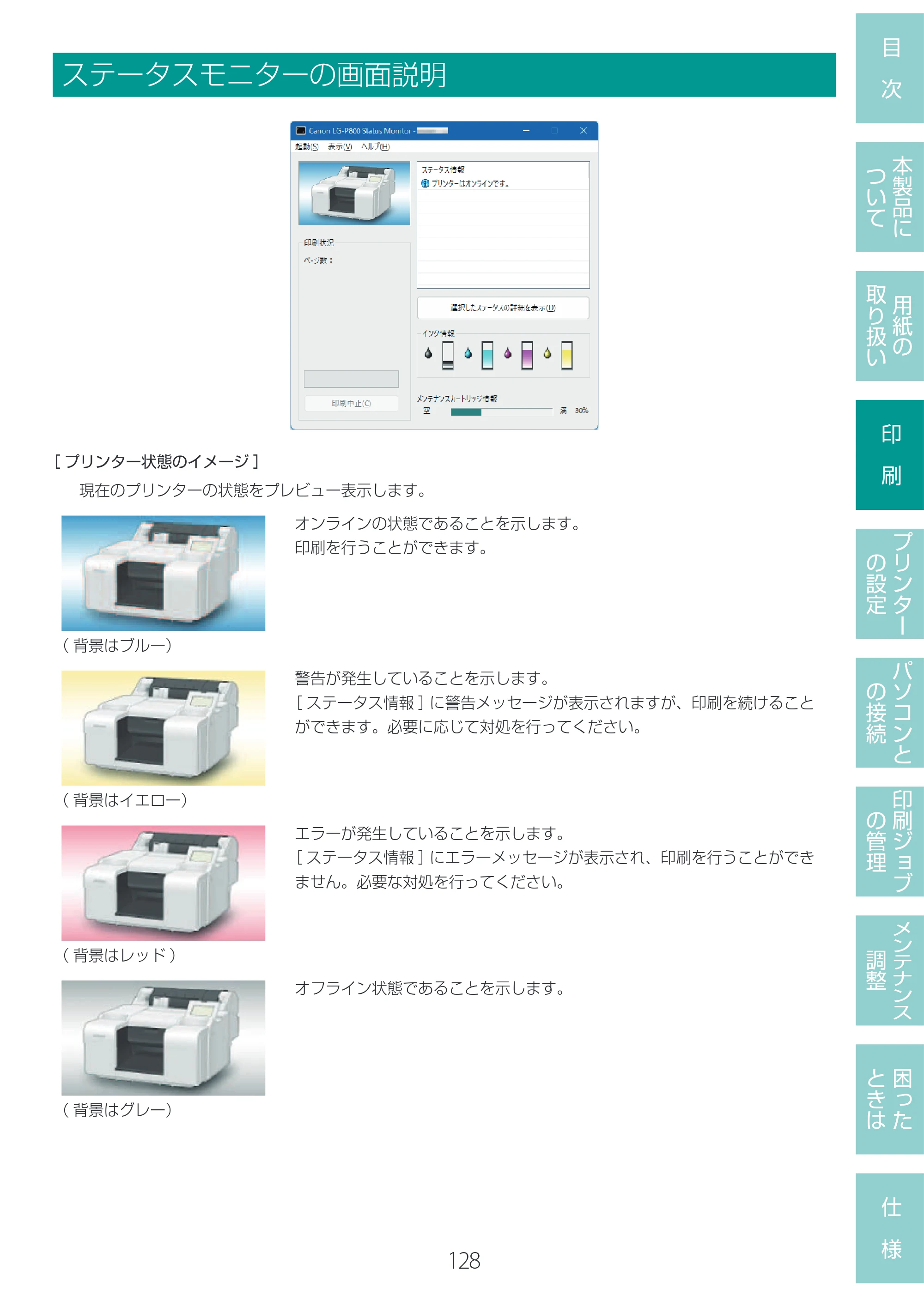 キヤノン LG-P800 LG-P800 ユーザーズガイド 2025年10月15日掲載（PDF：7.86MB） — ステータスモニターの画面説明 — 原本ページ — 132ページ