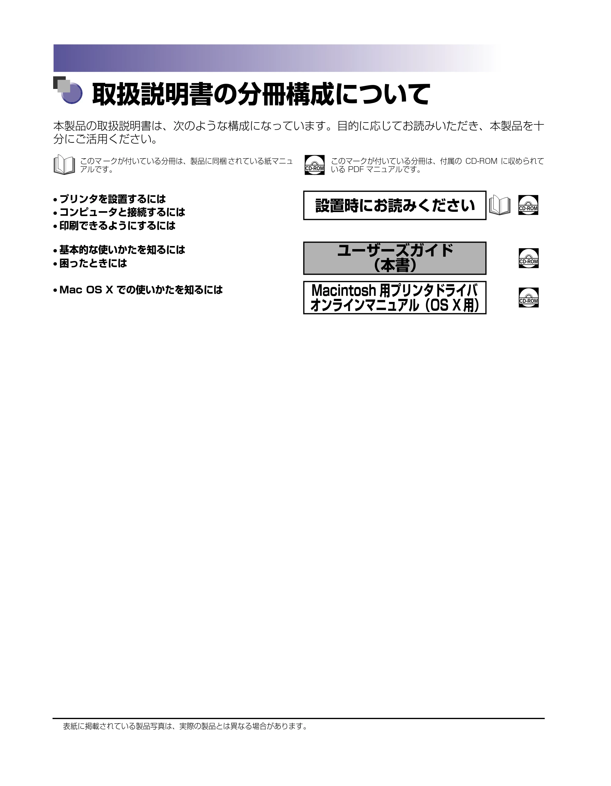 キヤノン LBP-1120 ユーザーズガイド （PDF形式／6.85Mバイト） — 取扱説明書の分冊構成について — 原本ページ — 2ページ
