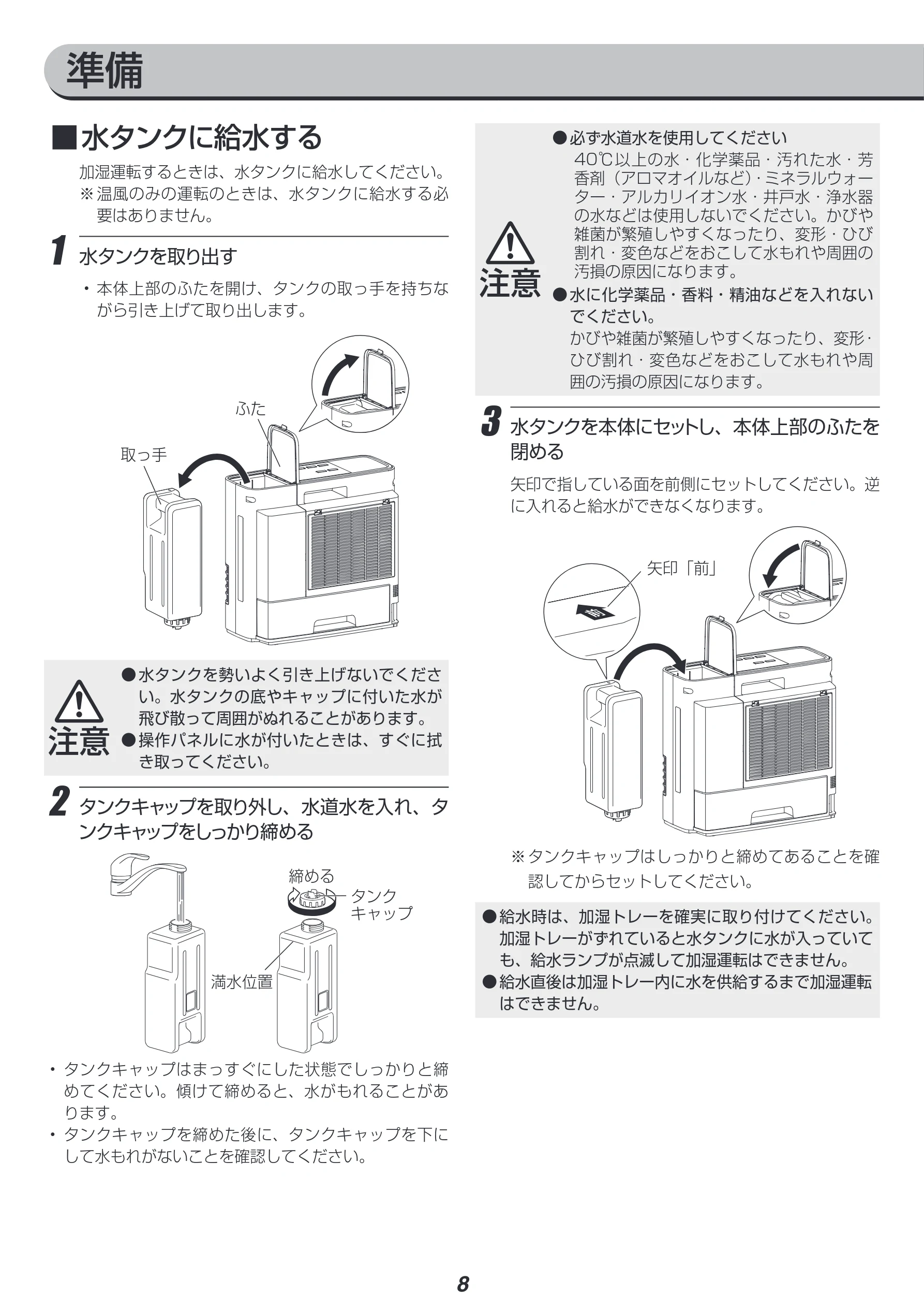 アイリスオーヤマ JKC125D1-H 取扱説明書 — ■水タンクに給水する — 図版 8-1 — 8ページ