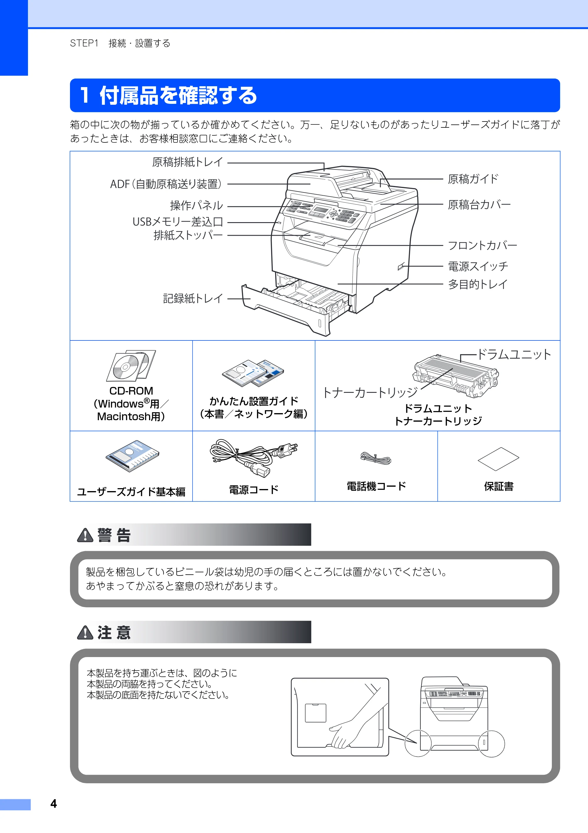 ブラザー MFC-8380DN かんたん設置ガイド — 付属品を確認する — 原本ページ — 6ページ