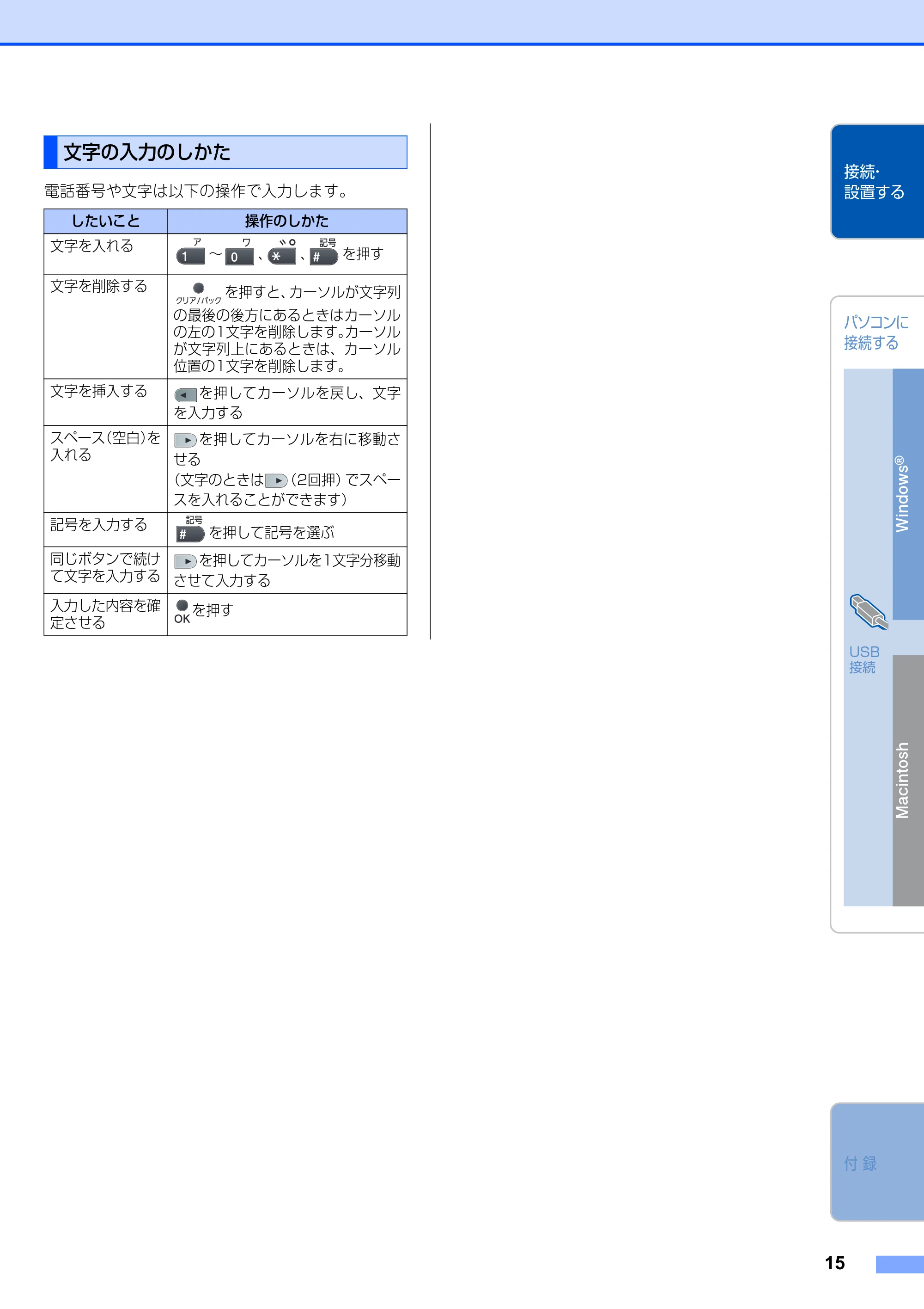 ブラザー MFC-8380DN かんたん設置ガイド — 文字の入力のしかた — 原本ページ — 17ページ