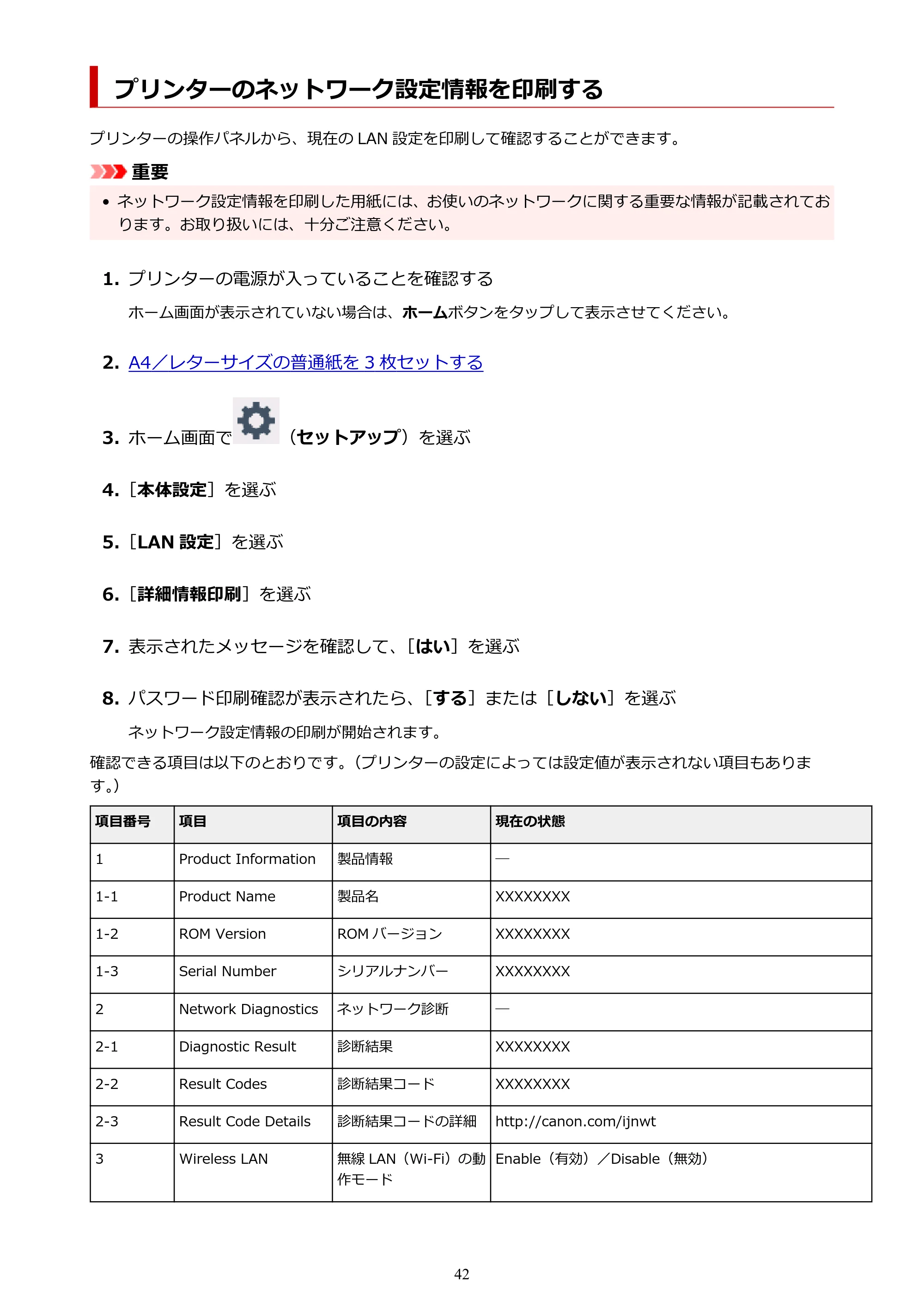 キヤノン TR8630/TR8630a オンラインマニュアル PDF版 (Windows版) 2021年4月27日掲載(PDF:16.0MB) — プリンターのネットワーク設定情報を印刷する — 原本ページ — 42ページ