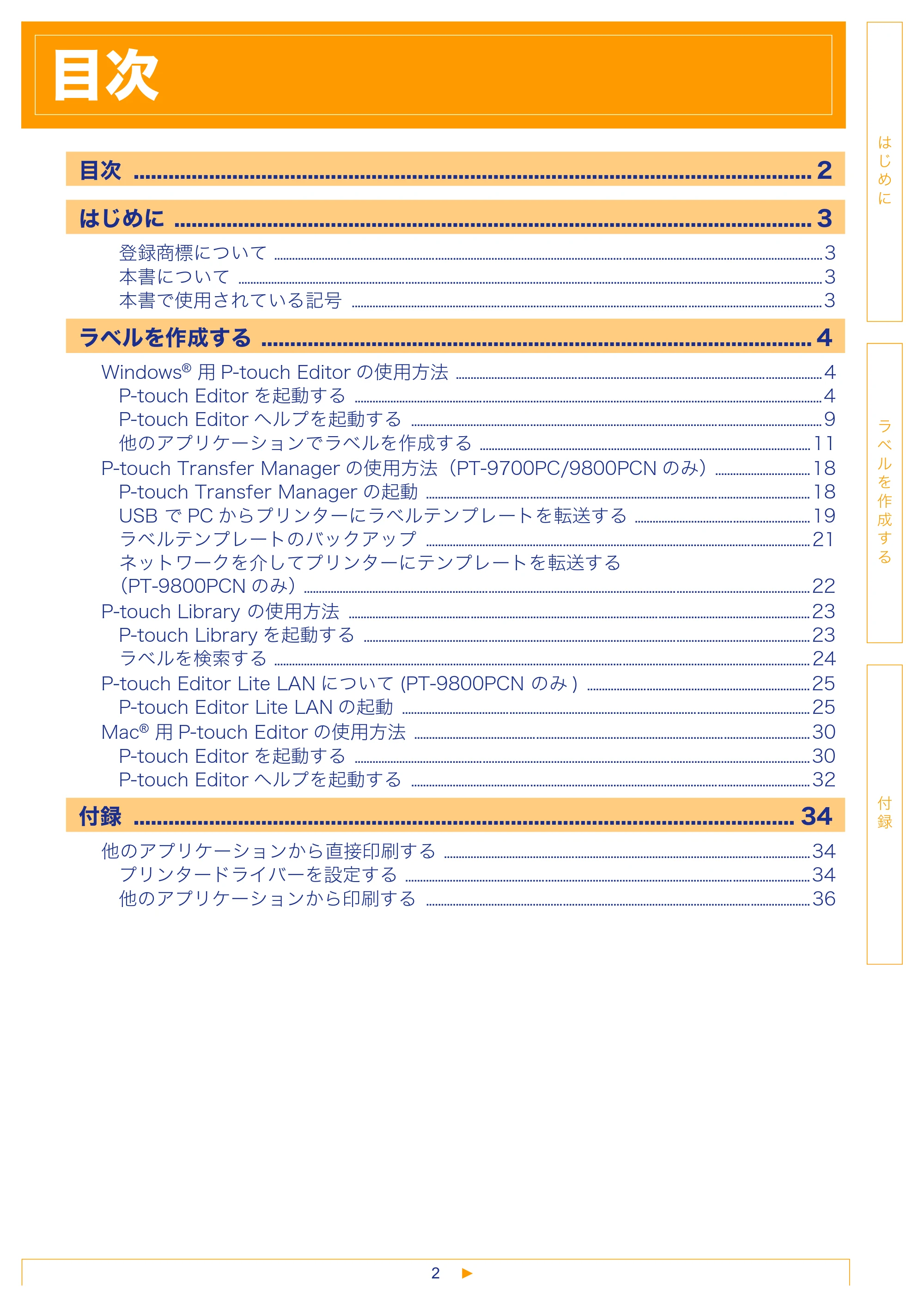 ブラザー PT-18N/18R / PT-2430PC / PT-9700PC ソフトウェアユーザーズガイド — 目次 — 原本ページ — 2ページ