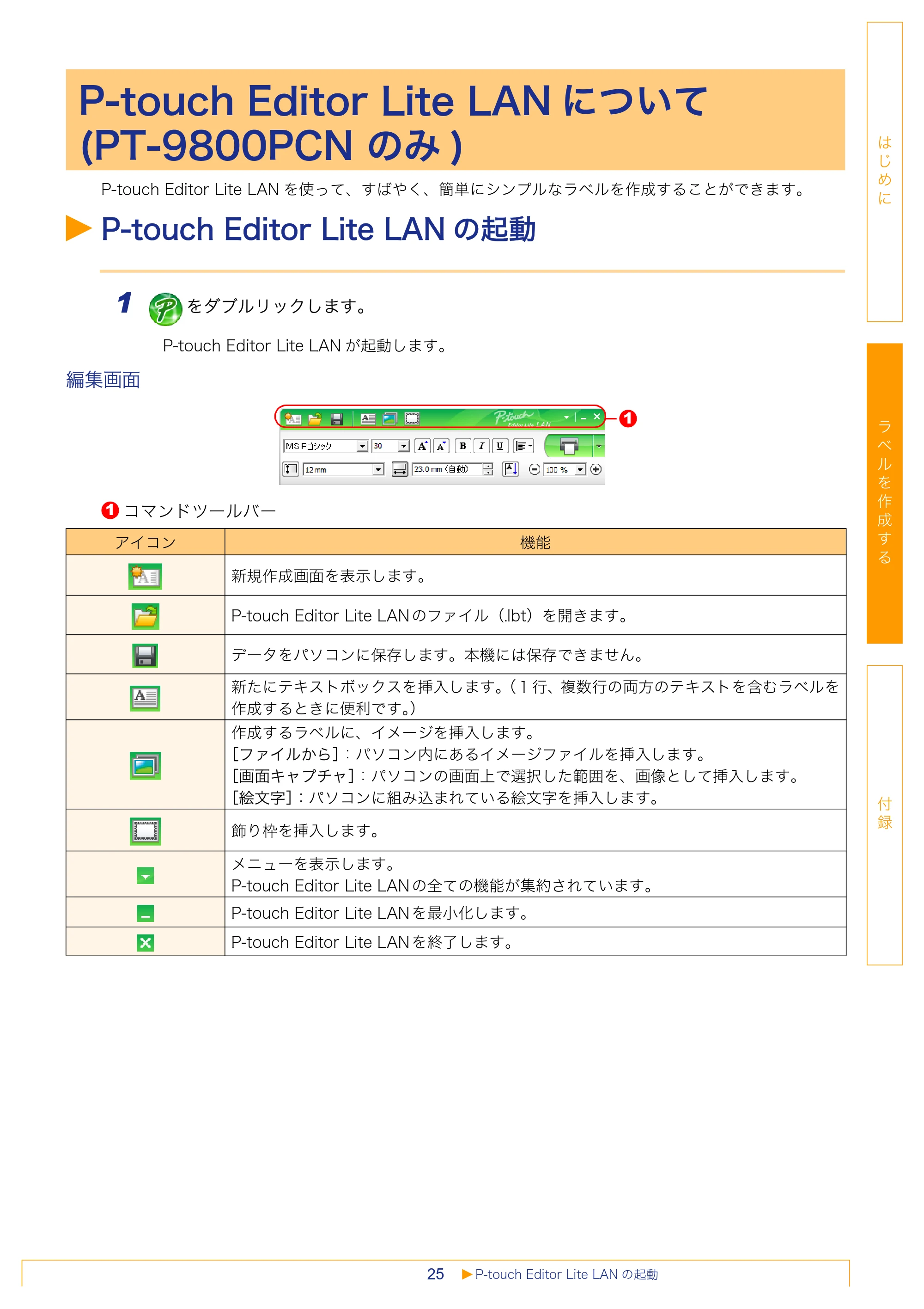 ブラザー PT-18N/18R / PT-2430PC / PT-9700PC ソフトウェアユーザーズガイド — P-touch Editor Lite LANについて (PT-9800PCN のみ) — 原本ページ — 25ページ