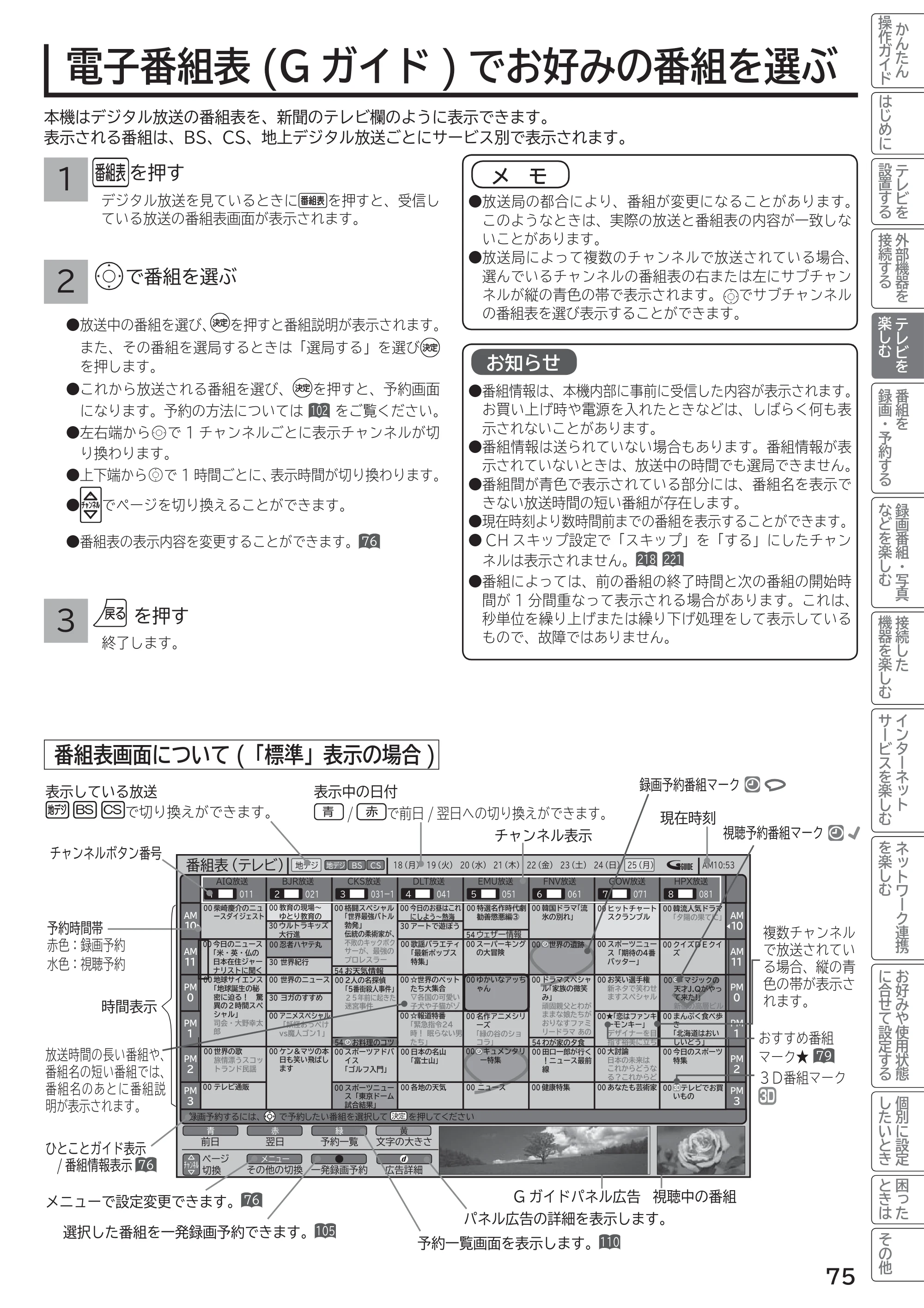 日立 L55-G2 / L47-G2 取扱説明書 — 電子番組表(Gガイド)でお好みの番組を選ぶ — 原本ページ — 75ページ