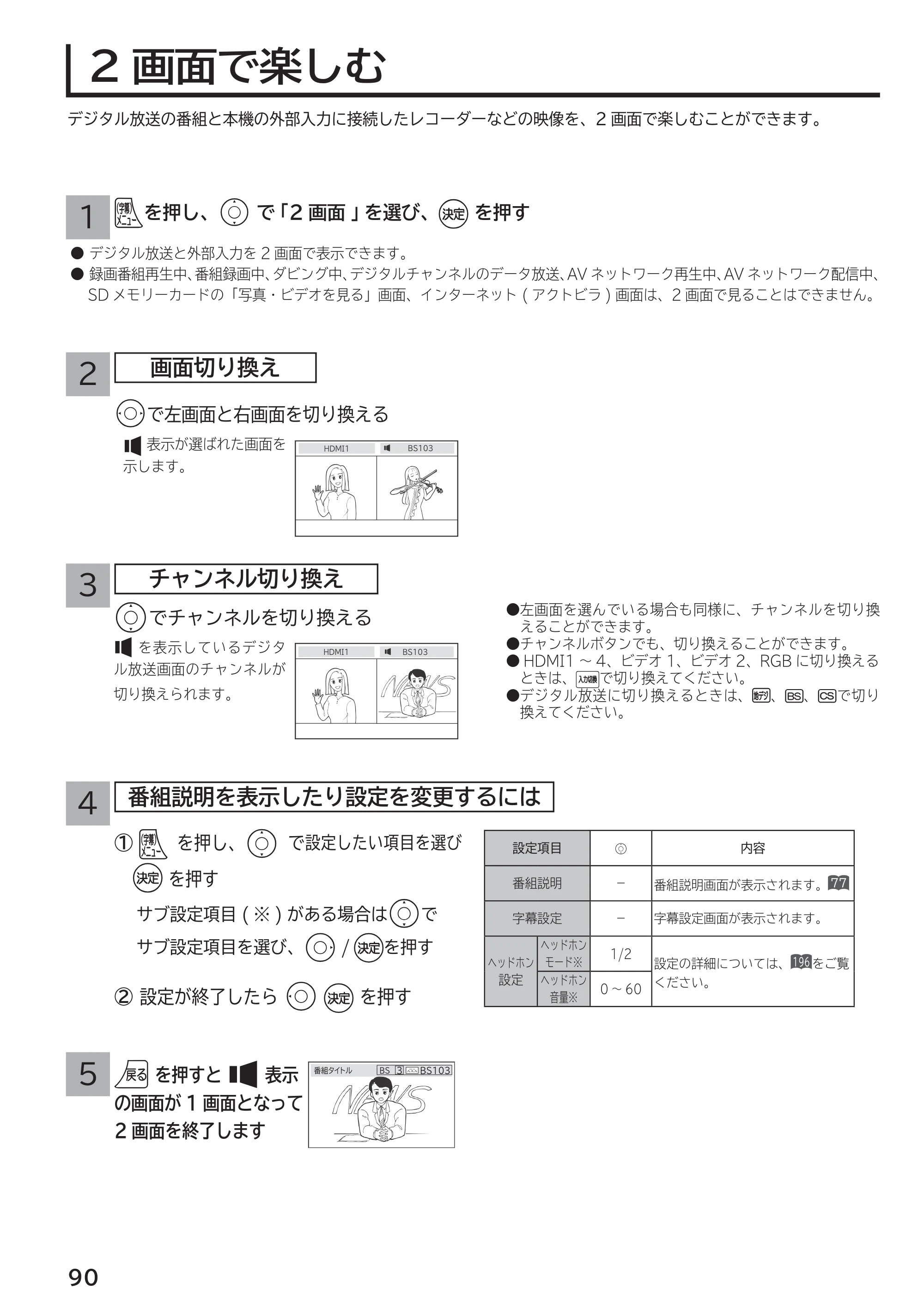 日立 L55-G2 / L47-G2 取扱説明書 — 2画面で番組を楽しむ — 原本ページ — 90ページ