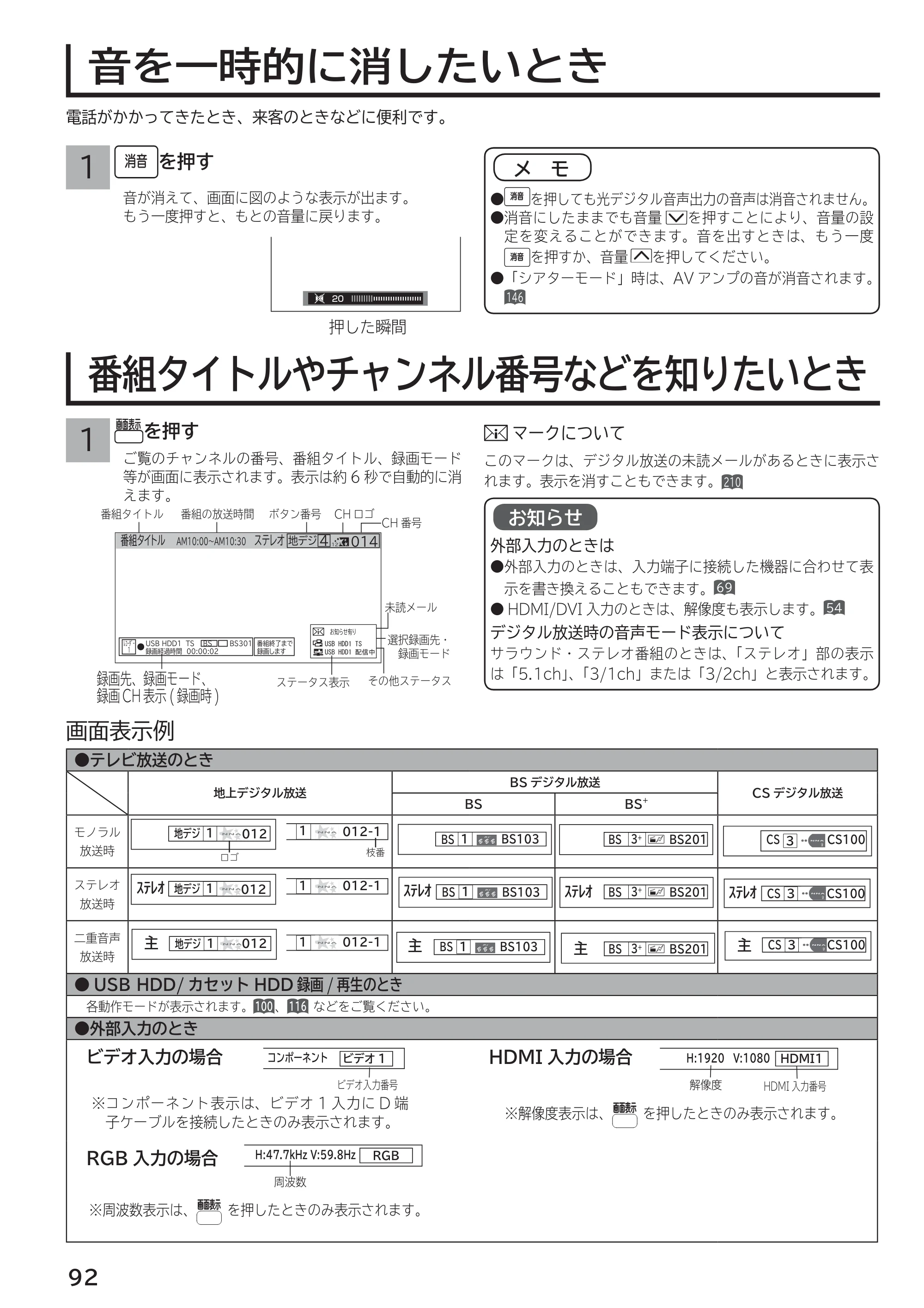 日立 L55-G2 / L47-G2 取扱説明書 — 音を一時的に消したいとき — 原本ページ — 92ページ