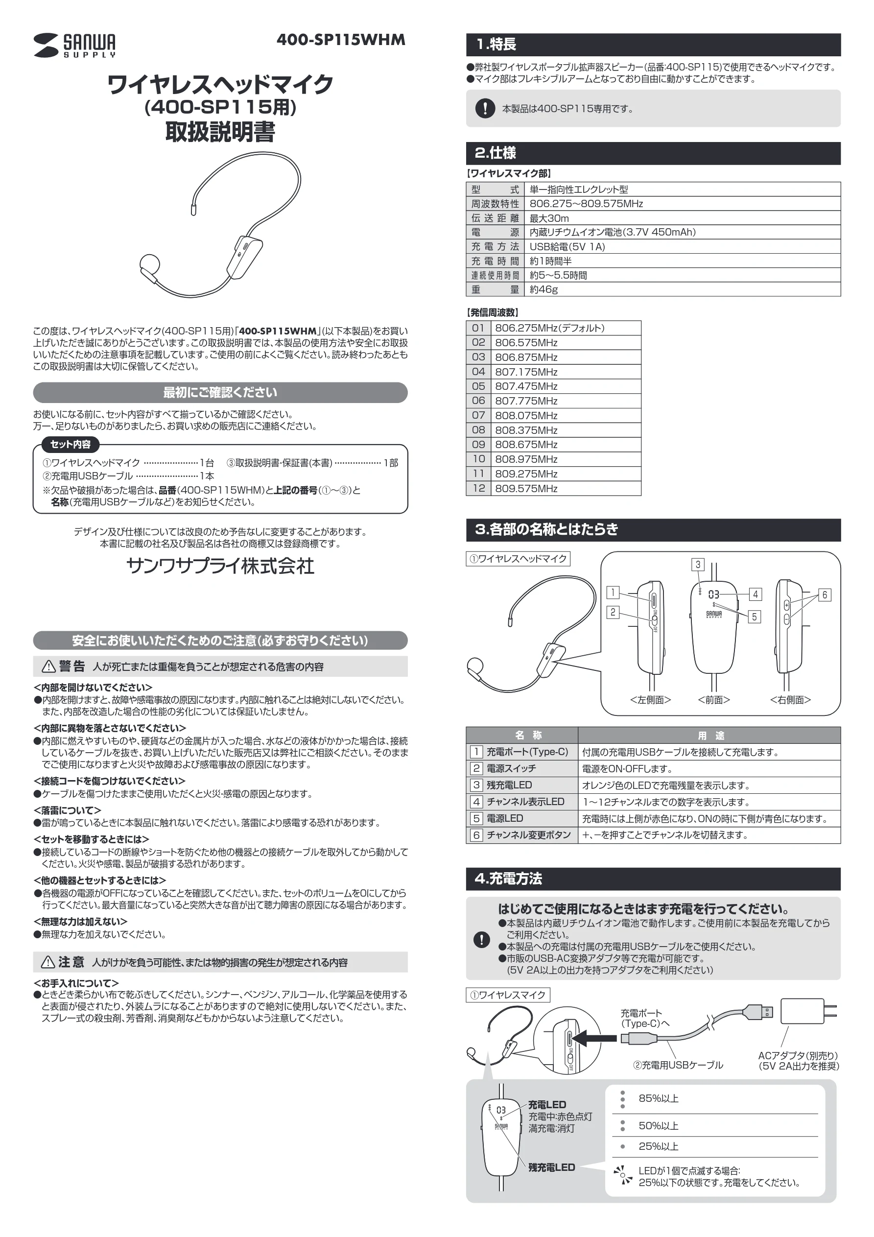 サンワサプライ 400-SP115WHM 取扱説明書 — 図版 1-1 — 1ページ