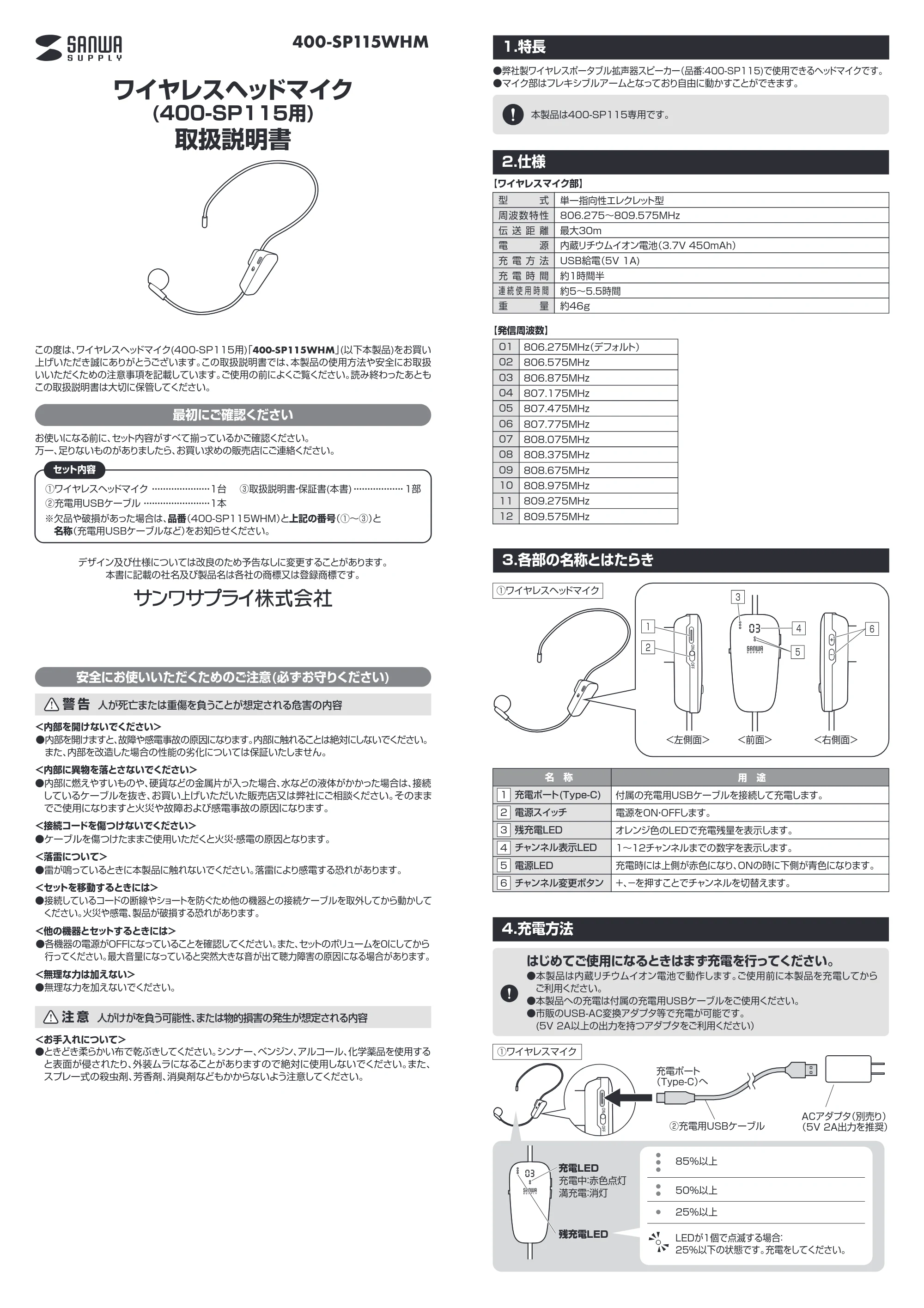サンワサプライ 400-SP115WHM 取扱説明書 — 原本ページ — 1ページ