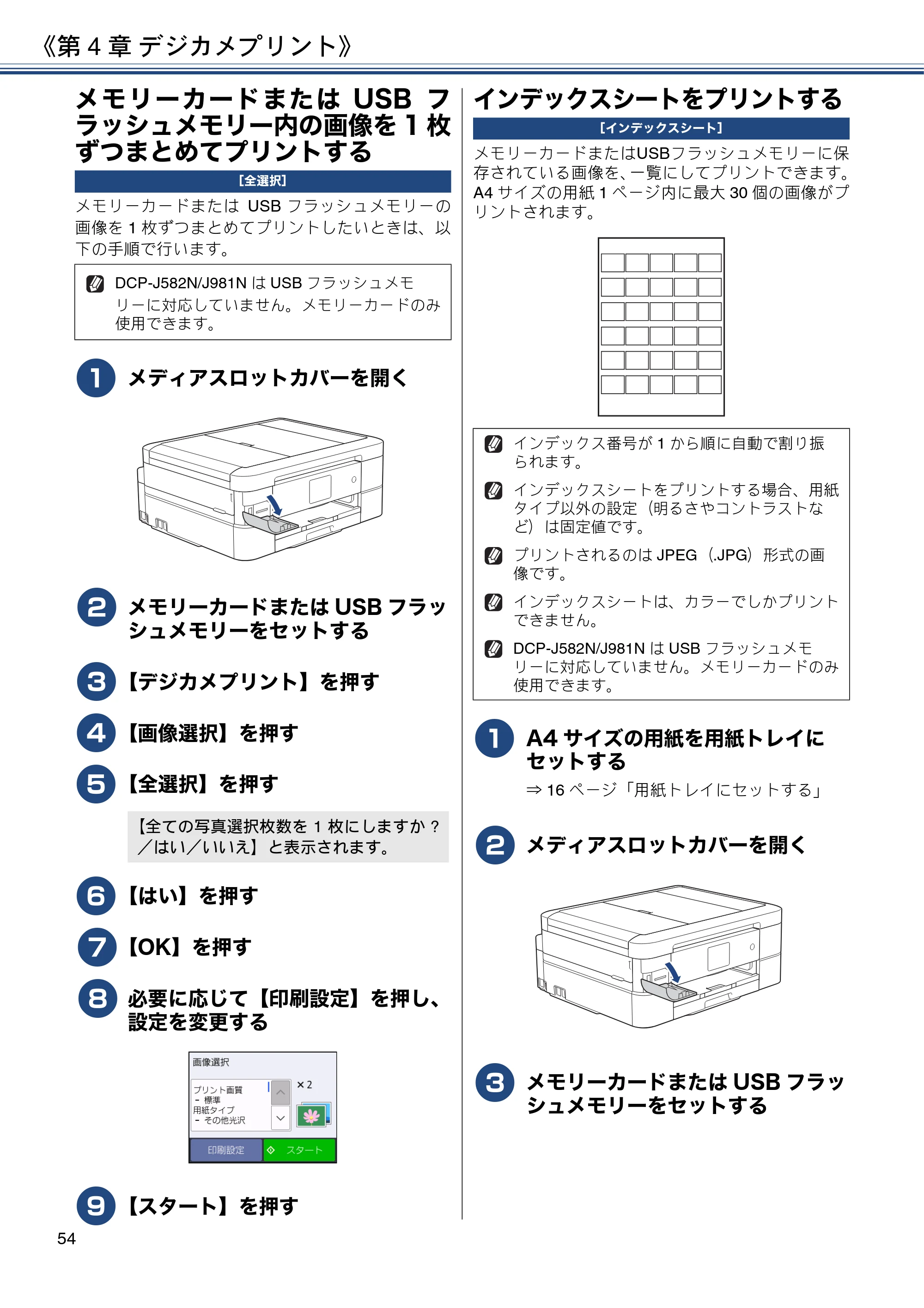 ブラザー DCP-J582N / DCP-J981N / DCP-J982N-B/W ユーザーズガイド ~応用編~ — メモリーカードまたはUSBフラッシュメモリー内の画像を1枚ずつまとめてプリントする — 原本ページ — 54ページ