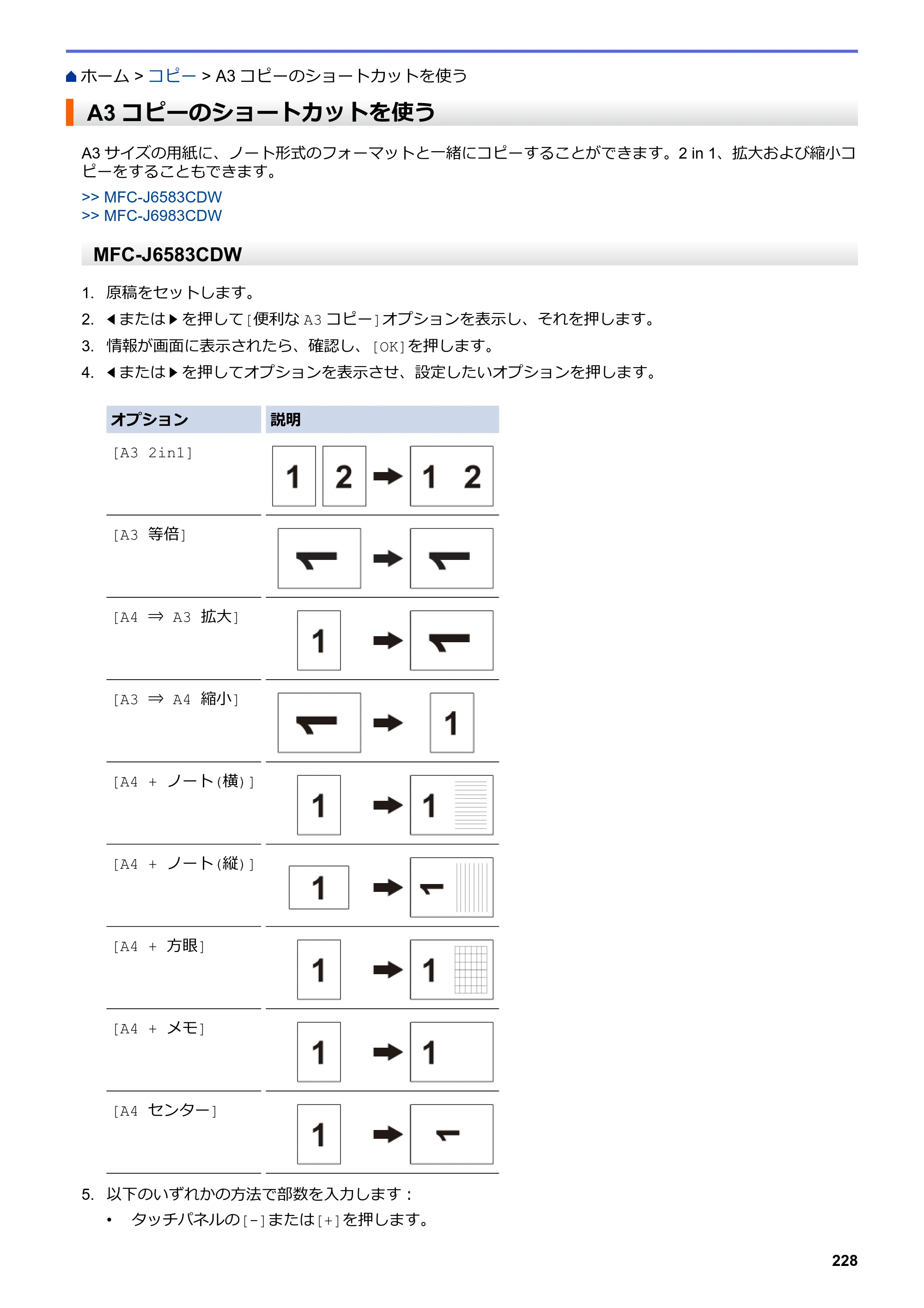 ブラザー MFC-J6583CDW / MFC-J6983CDW オンラインユーザーズガイド（印刷用） — A3コピーのショートカットを使う — 原本ページ — 235ページ