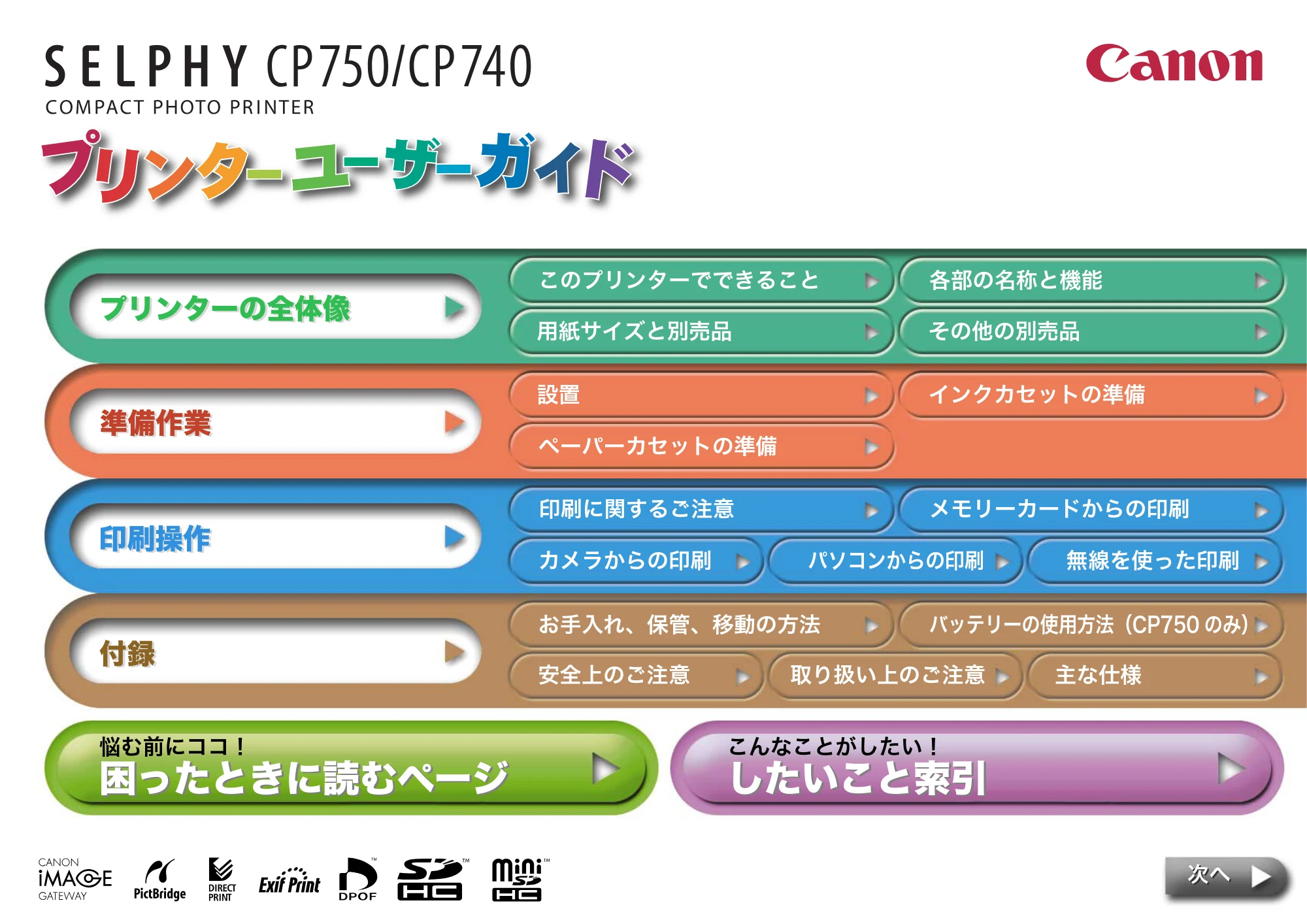 キヤノン SELPHY CP750/CP740 プリンターユーザーガイド （PDF形式／3.89Mバイト） — プリンターの全体像 — 原本ページ — 1ページ