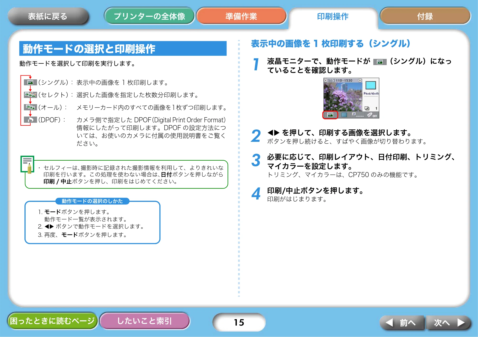 キヤノン SELPHY CP750/CP740 プリンターユーザーガイド （PDF形式／3.89Mバイト） — 動作モードの選択と印刷操作 — 原本ページ — 15ページ