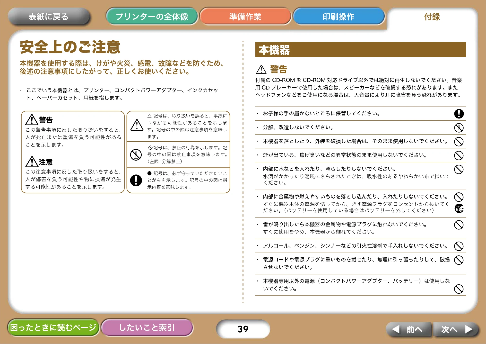 キヤノン SELPHY CP750/CP740 プリンターユーザーガイド （PDF形式／3.89Mバイト） — 安全上のご注意 — 原本ページ — 39ページ