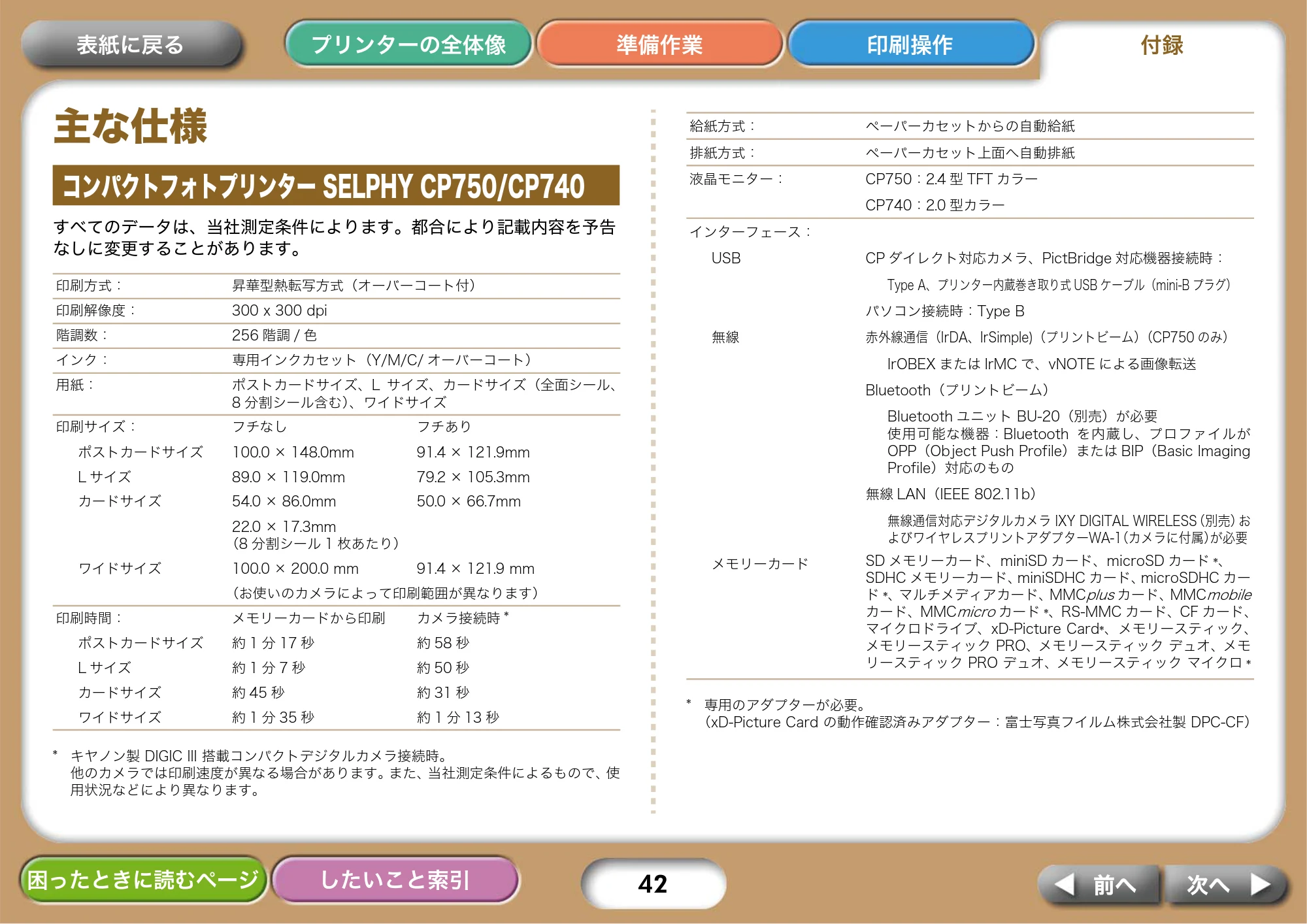 キヤノン SELPHY CP750/CP740 プリンターユーザーガイド （PDF形式／3.89Mバイト） — 主な仕様 — 原本ページ — 42ページ