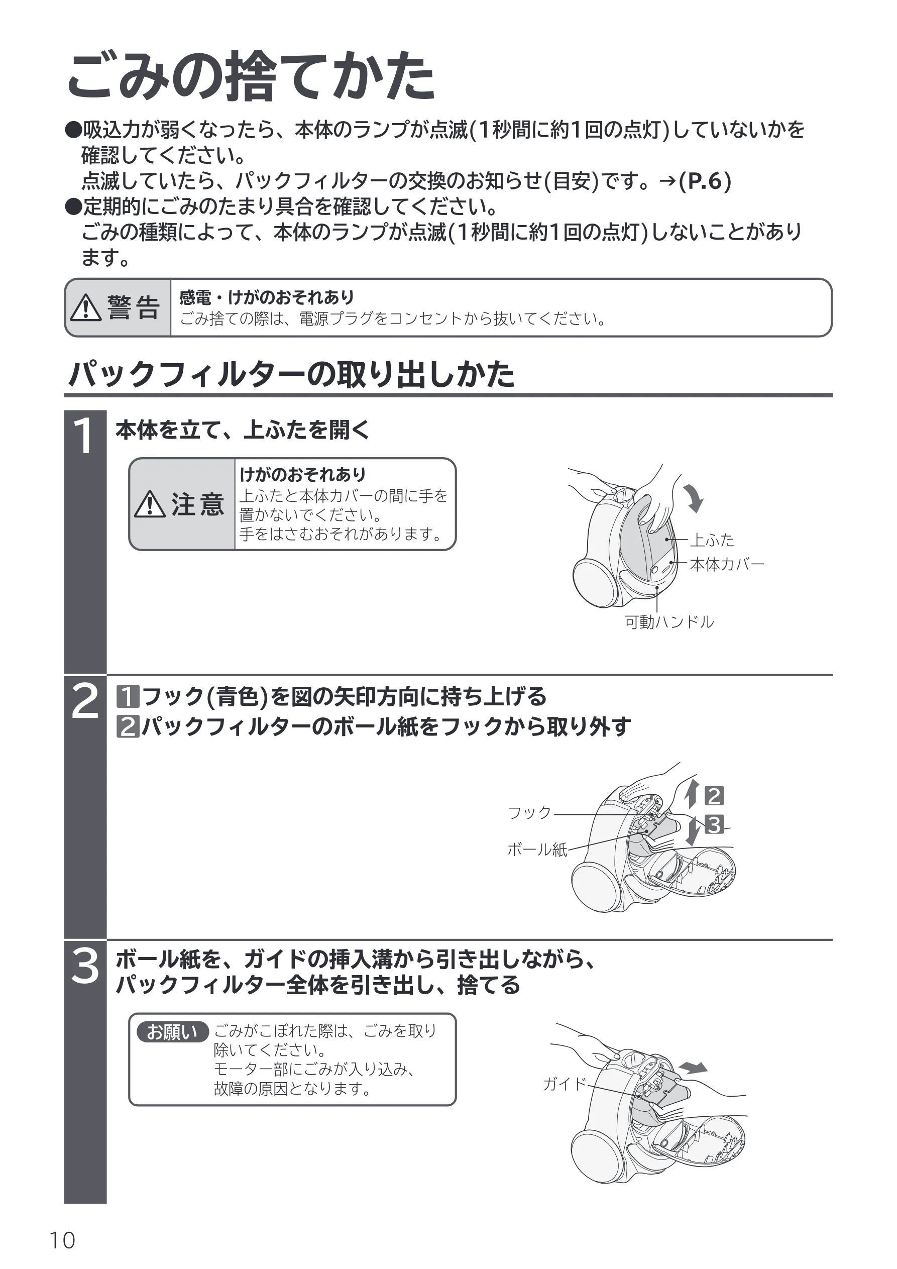 日立 CV-F500 取扱説明書 — ごみの捨てかた — 図版 10-1 — 10ページ
