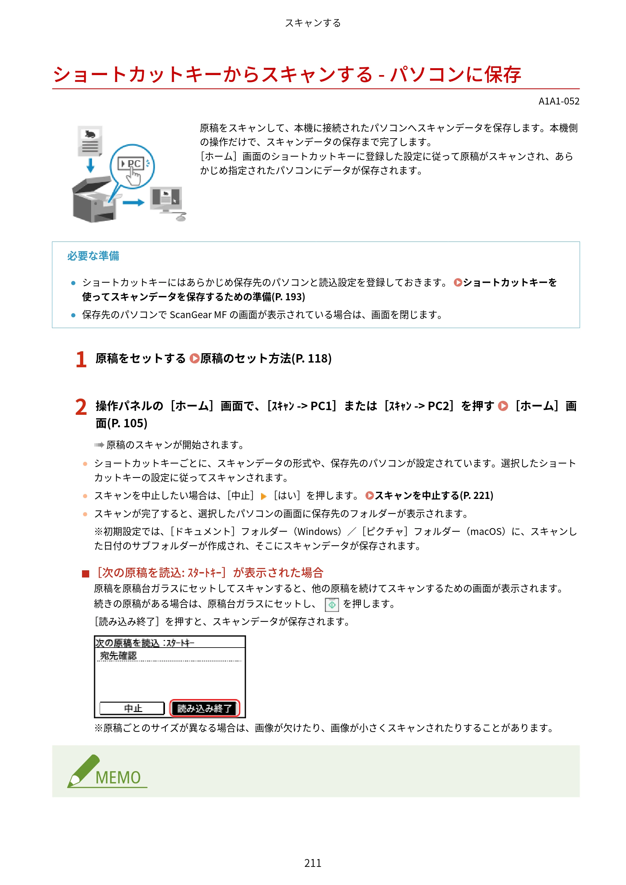 キヤノン MF289dw・MF288dw・MF286dn ユーザーズガイド 2026年6月25日更新（PDF：4.34MB） — ショートカットキーからスキャンする - パソコンに保存 — 原本ページ — 220ページ