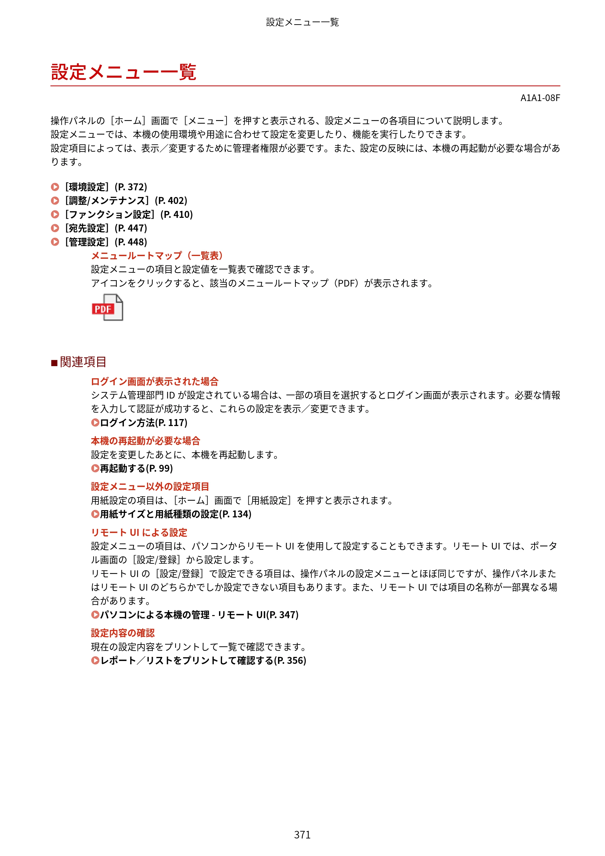 キヤノン MF289dw・MF288dw・MF286dn ユーザーズガイド 2026年6月25日更新（PDF：4.34MB） — 設定メニュー一覧 — 原本ページ — 380ページ