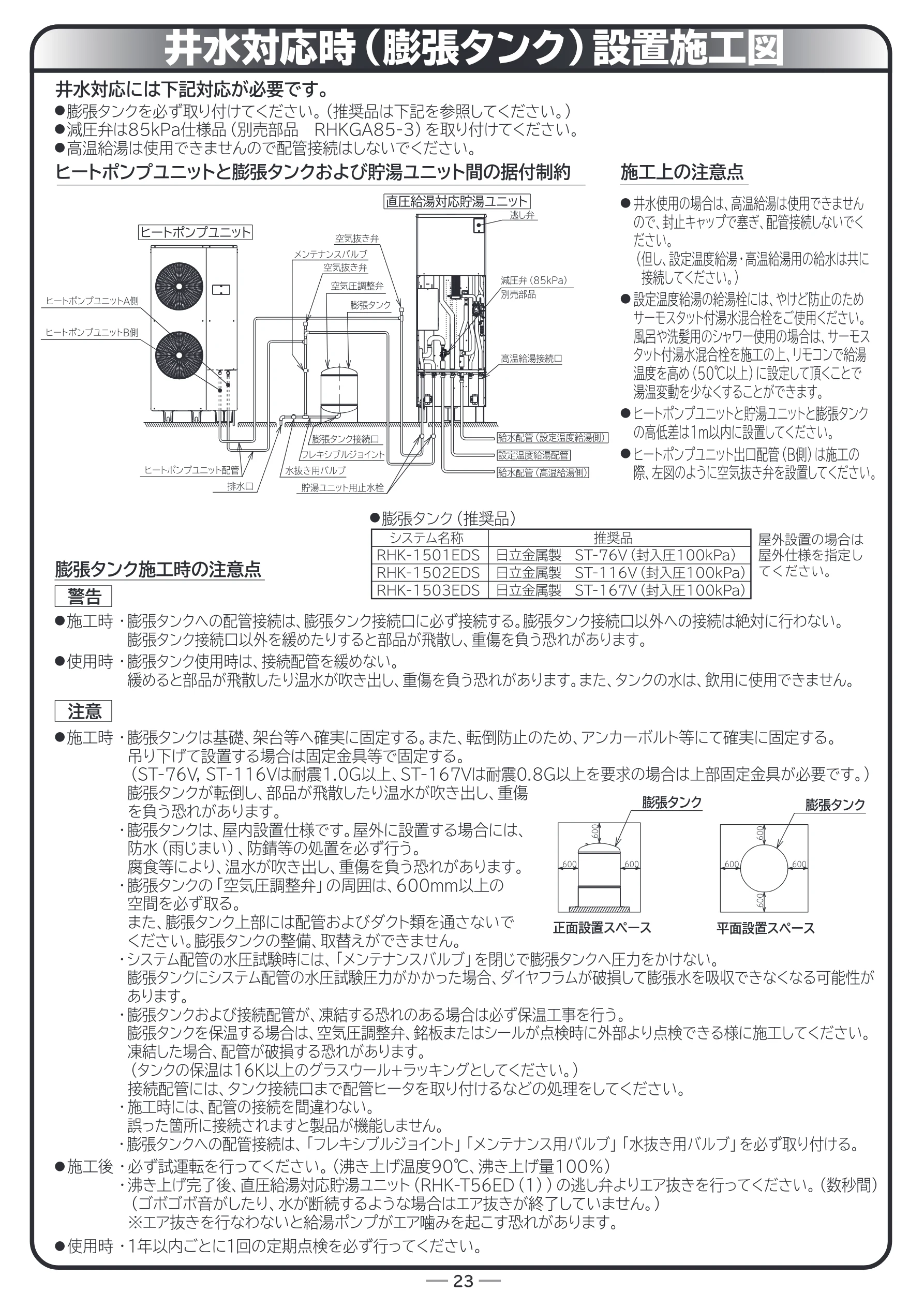 日立 RHK-15ED / RHK-15EDK 据付説明書 — 井水対応時（膨張タンク）設置施工図 — 図版 23-1 — 23ページ