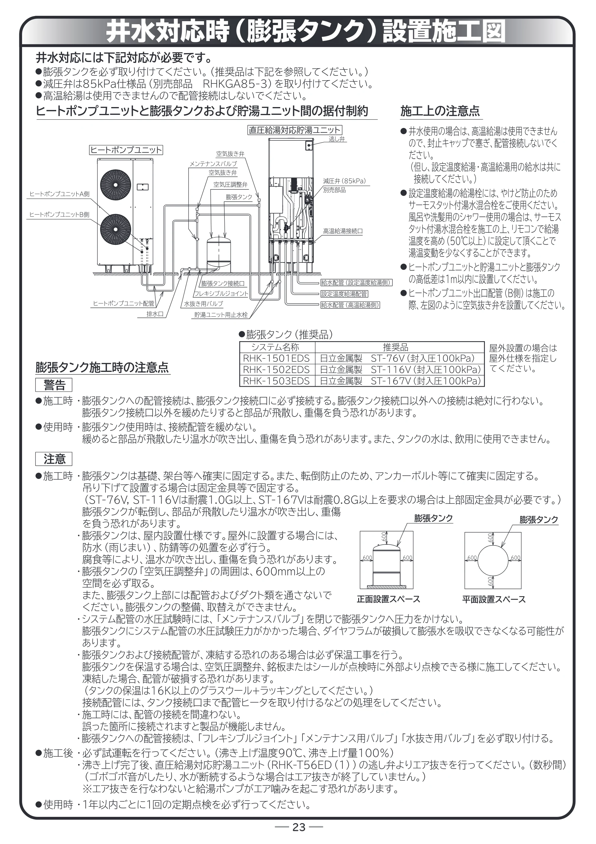 日立 RHK-15ED / RHK-15EDK 据付説明書 — 井水対応時（膨張タンク）設置施工図 — 原本ページ — 23ページ