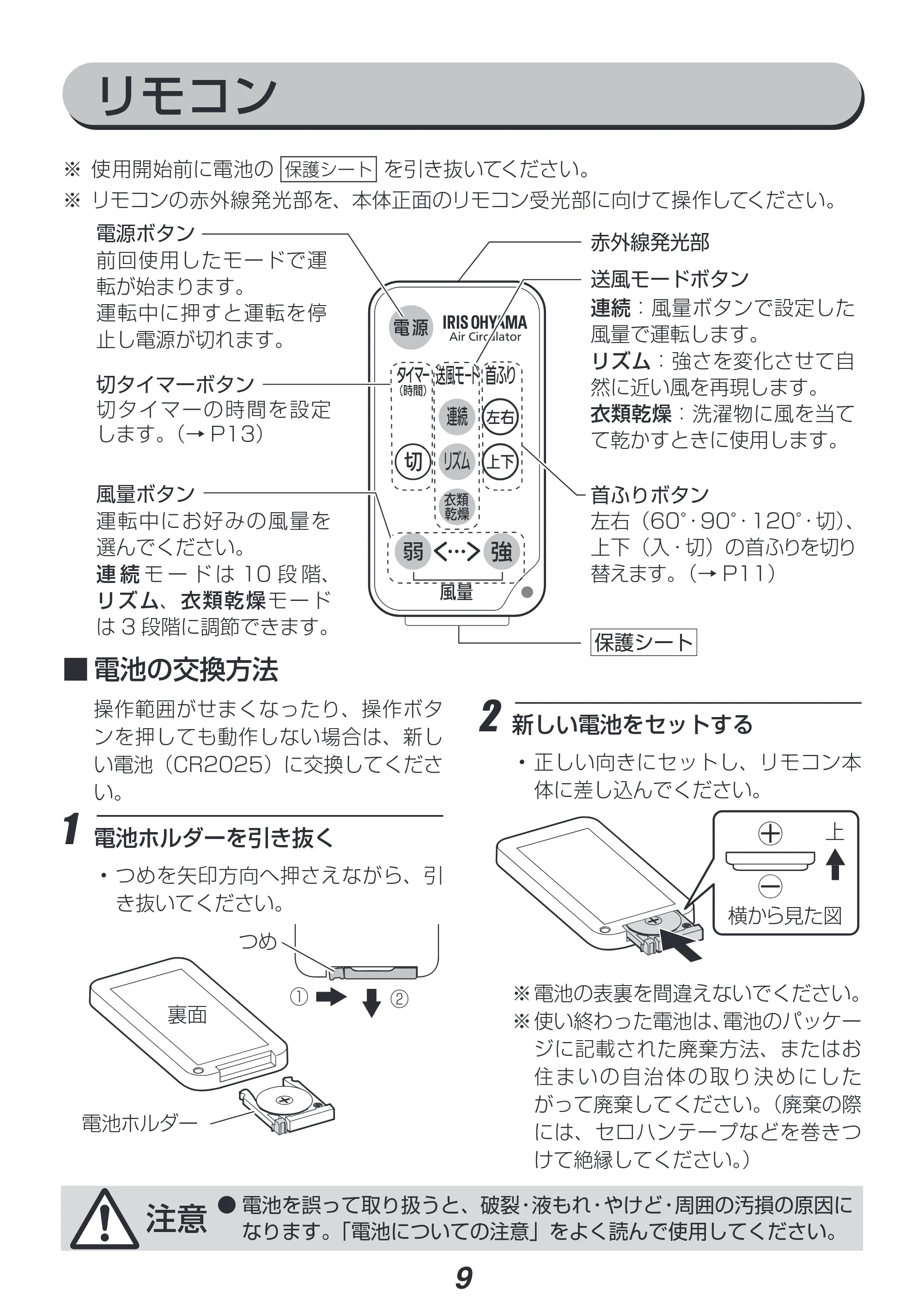 アイリスオーヤマ PCF-SDC152TK 取扱説明書 — リモコン — 原本ページ — 9ページ