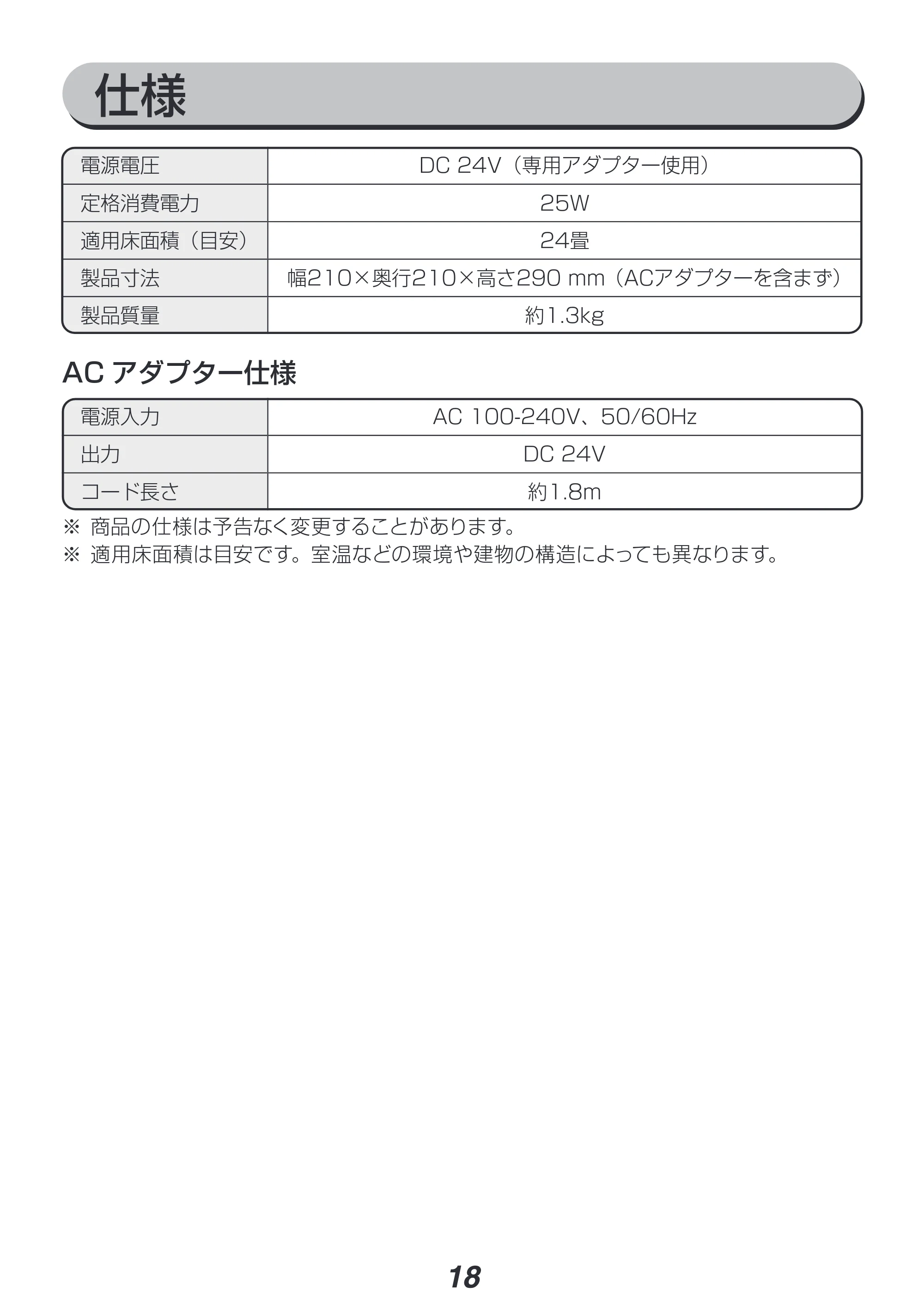 アイリスオーヤマ PCF-SDC152TK 取扱説明書 — AC アダプター仕様 — 原本ページ — 18ページ