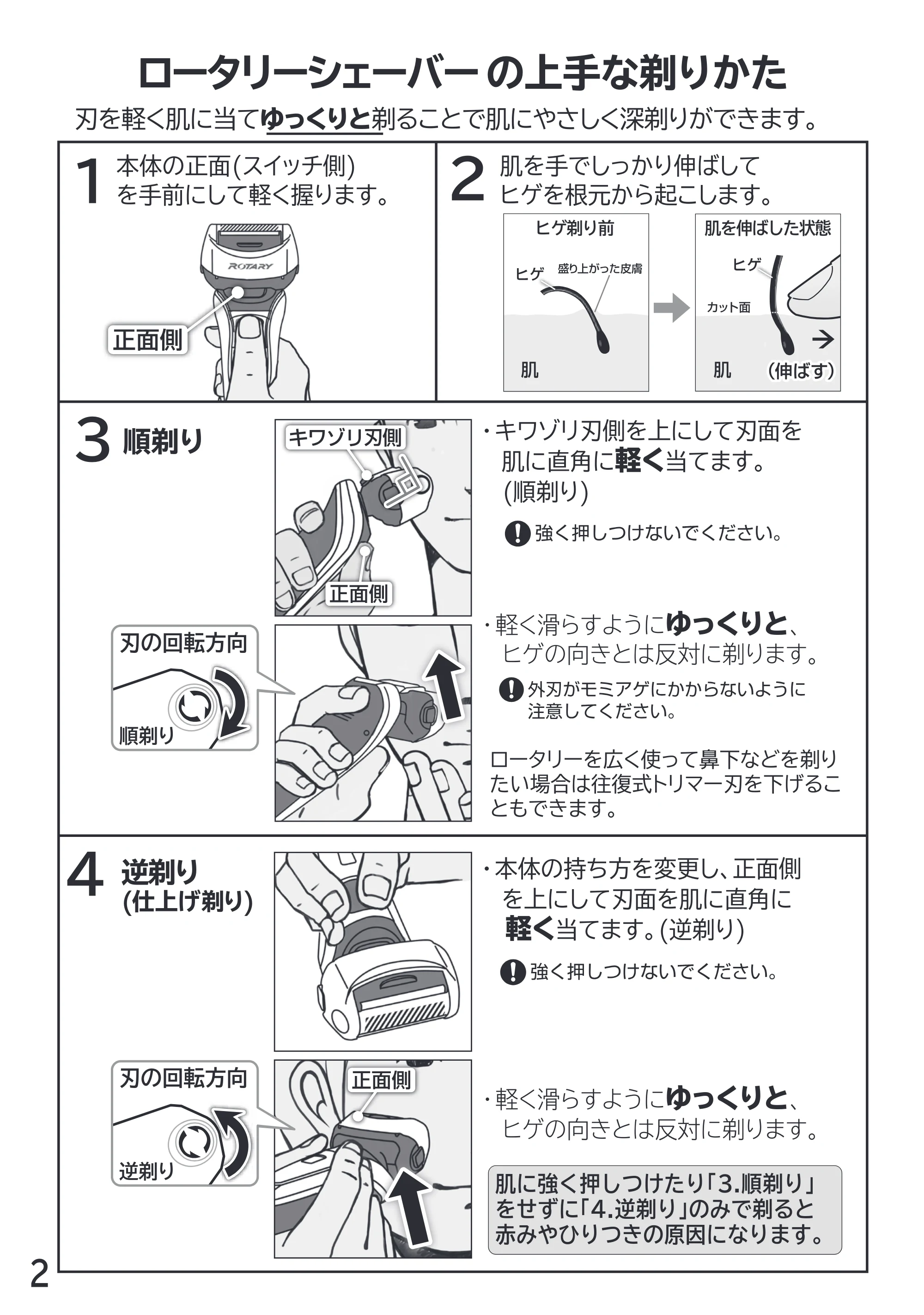 日立 RM-LX7 / RM-LX8D / RM-LX9 取扱説明書 — ロータリーシェーバーの上手な剃りかた — 原本ページ — 2ページ