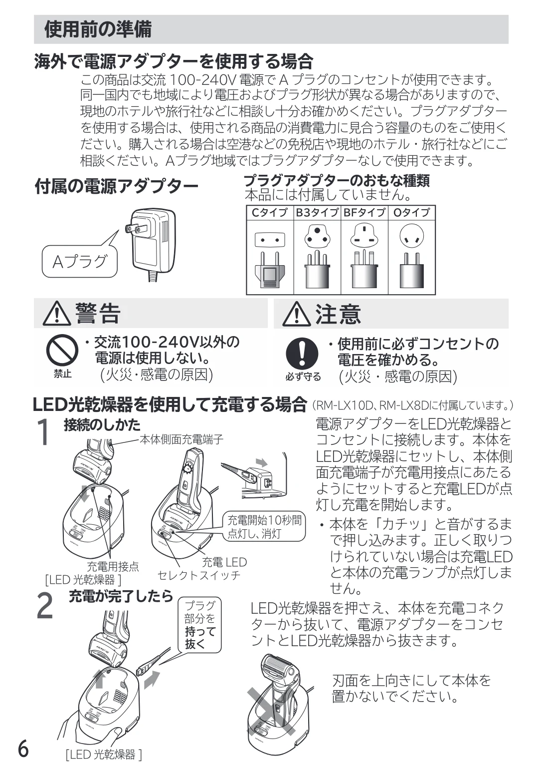日立 RM-LX7 / RM-LX8D / RM-LX9 取扱説明書 — 海外で電源アダプターを使用する場合 — 図版 6-1 — 6ページ