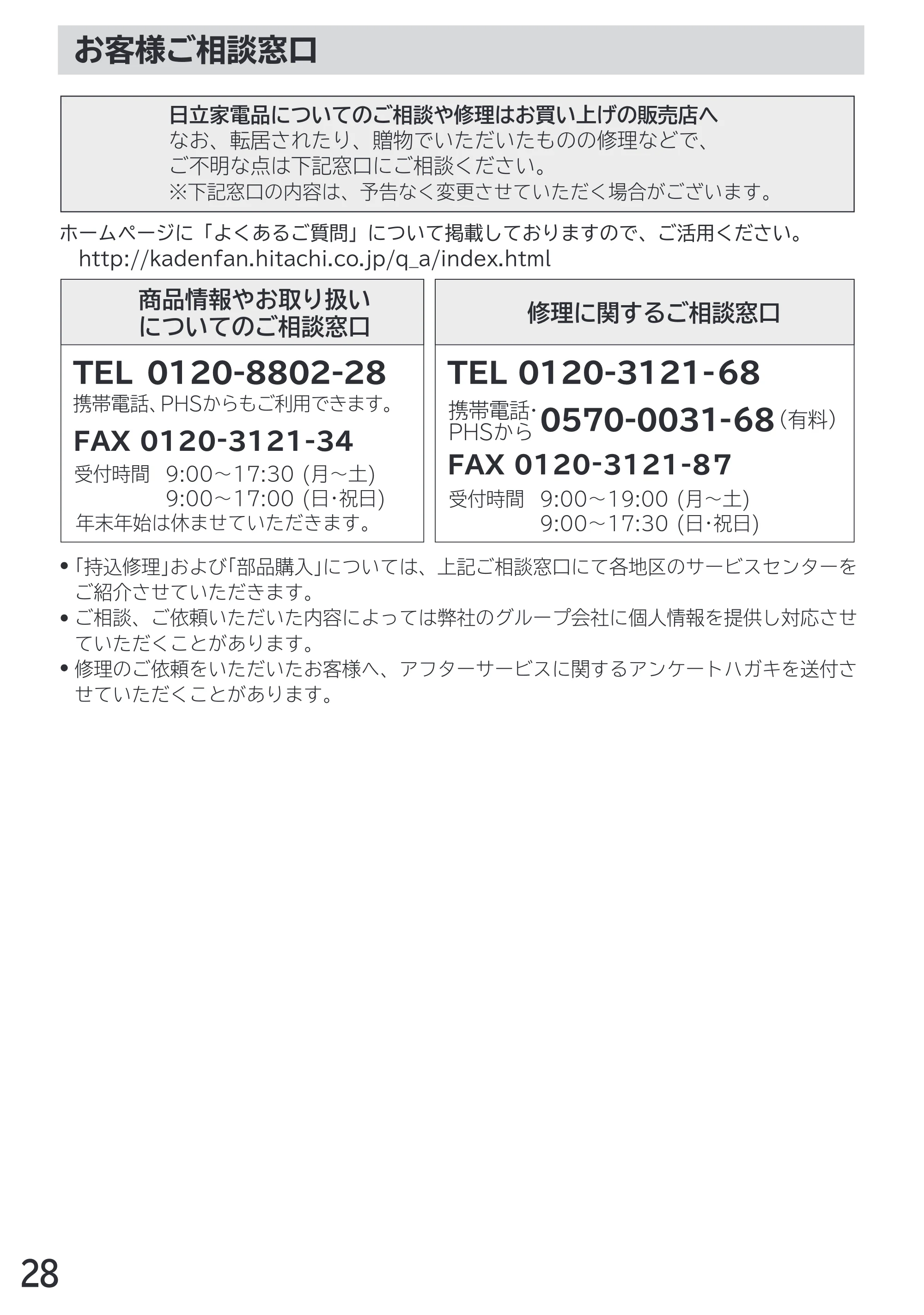 日立 RM-LX7 / RM-LX8D / RM-LX9 取扱説明書 — お客様ご相談窓口 — 原本ページ — 28ページ