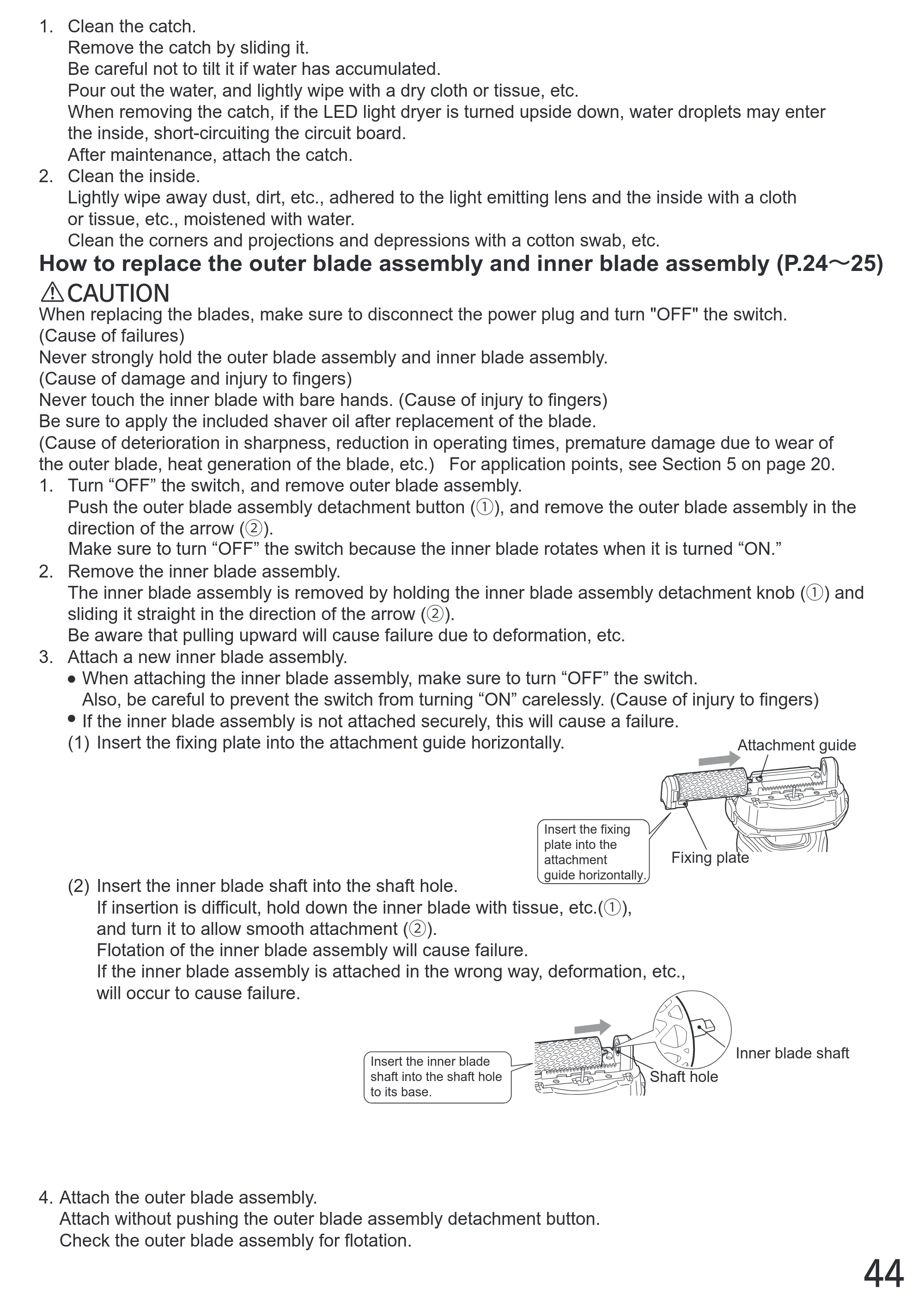 日立 RM-LX7 / RM-LX8D / RM-LX9 取扱説明書 — How to replace the outer blade assembly and inner blade assembly (P.24～25) — 原本ページ — 44ページ