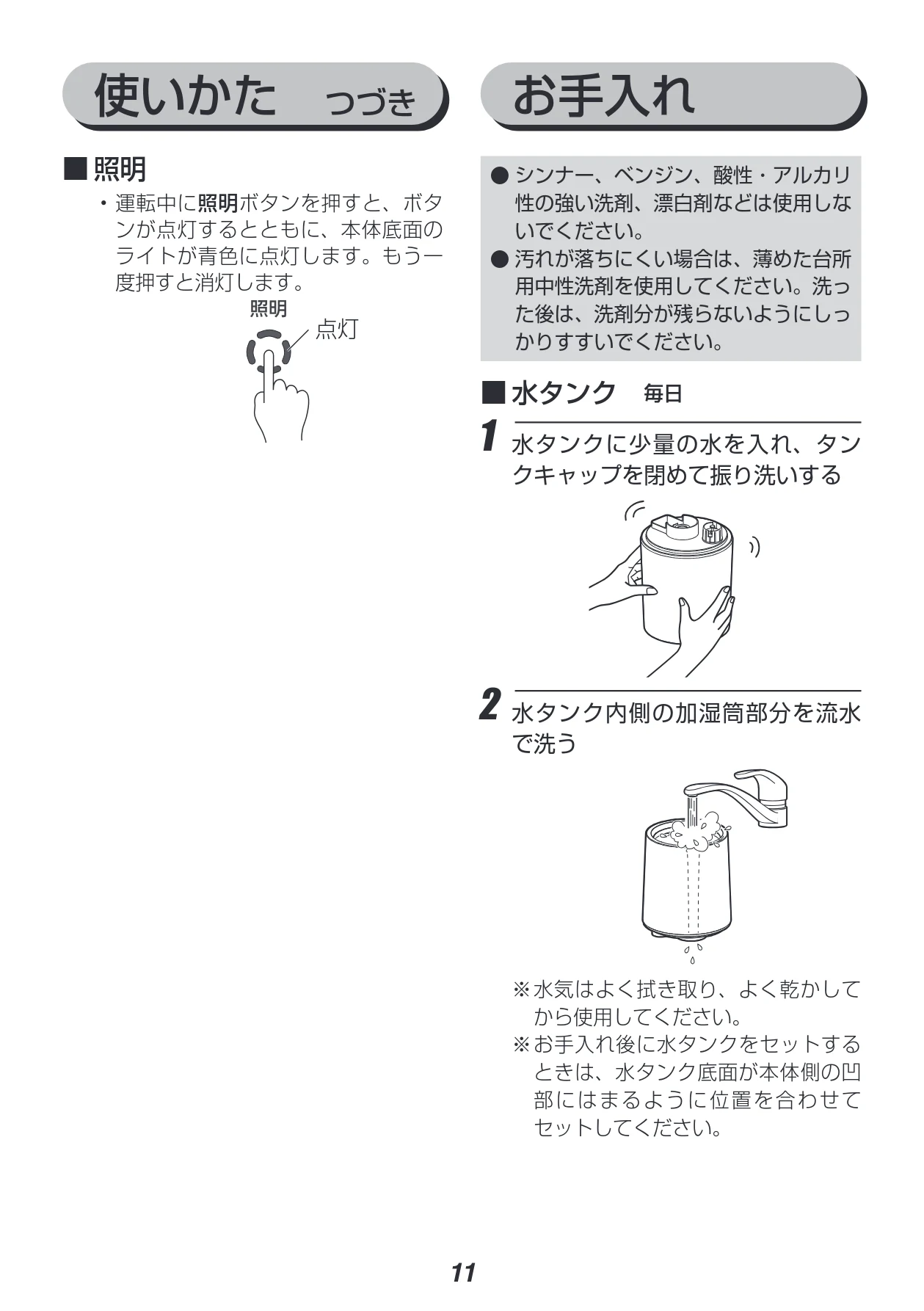 アイリスオーヤマ UHM-280B 取扱説明書 — 使いかた つづき お手入れ — 図版 11-1 — 11ページ