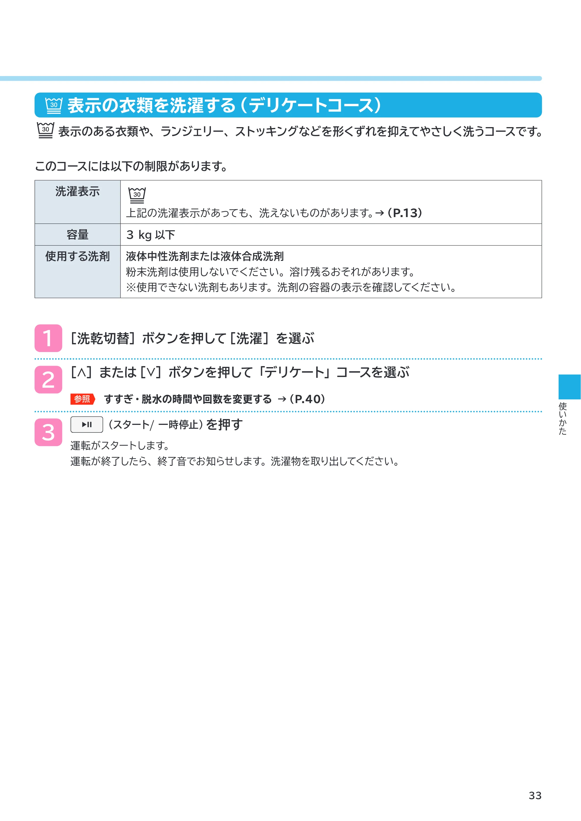 日立 BD-SVX120PL / BD-SVX120PR 取扱説明書 — 表示の衣類を洗濯する(デリケートコース) — 原本ページ — 33ページ