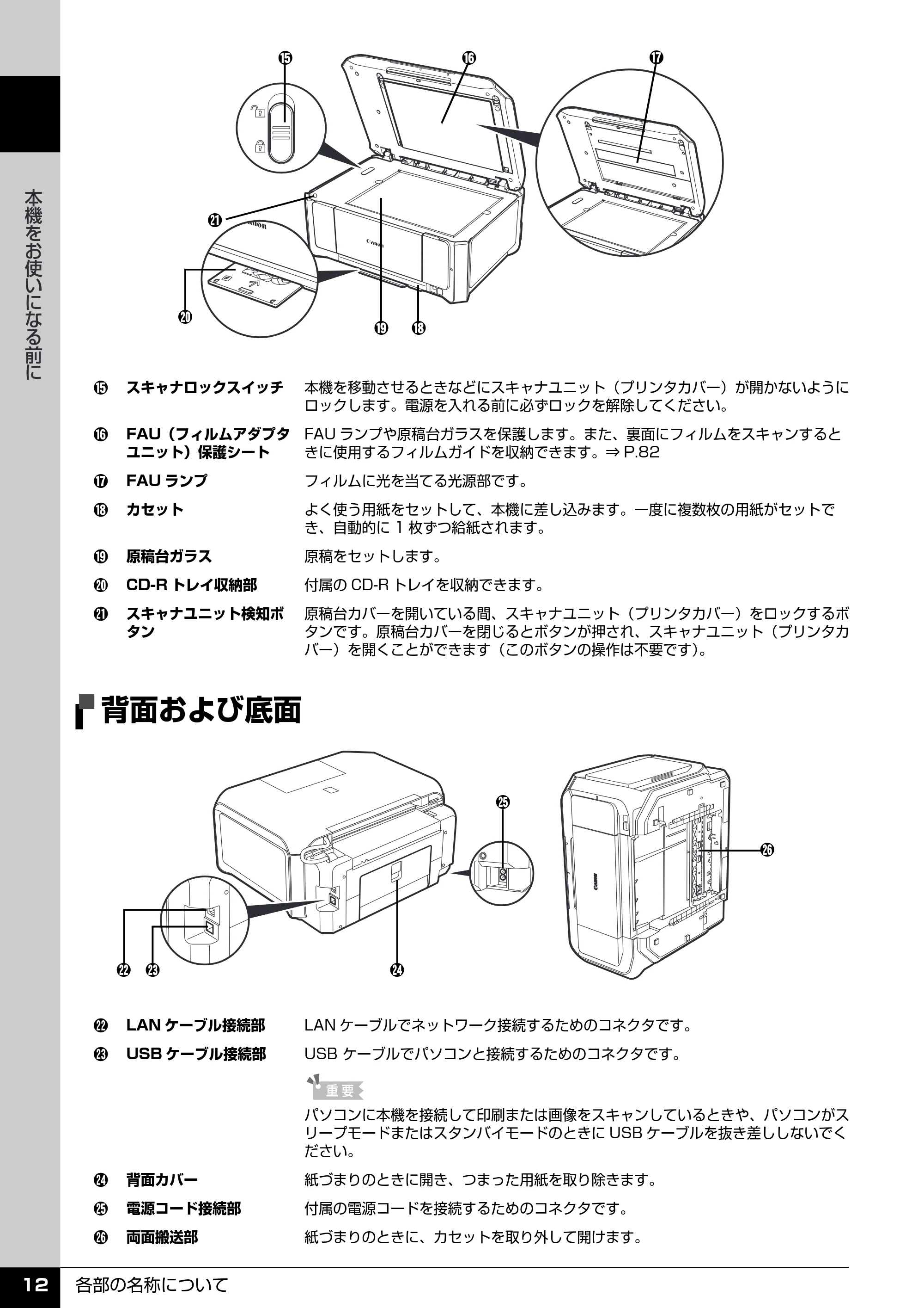 キヤノン PIXUS MP970 操作ガイド（本体操作編） （PDF形式／11.69Mバイト） — 背面および底面 — 原本ページ — 14ページ