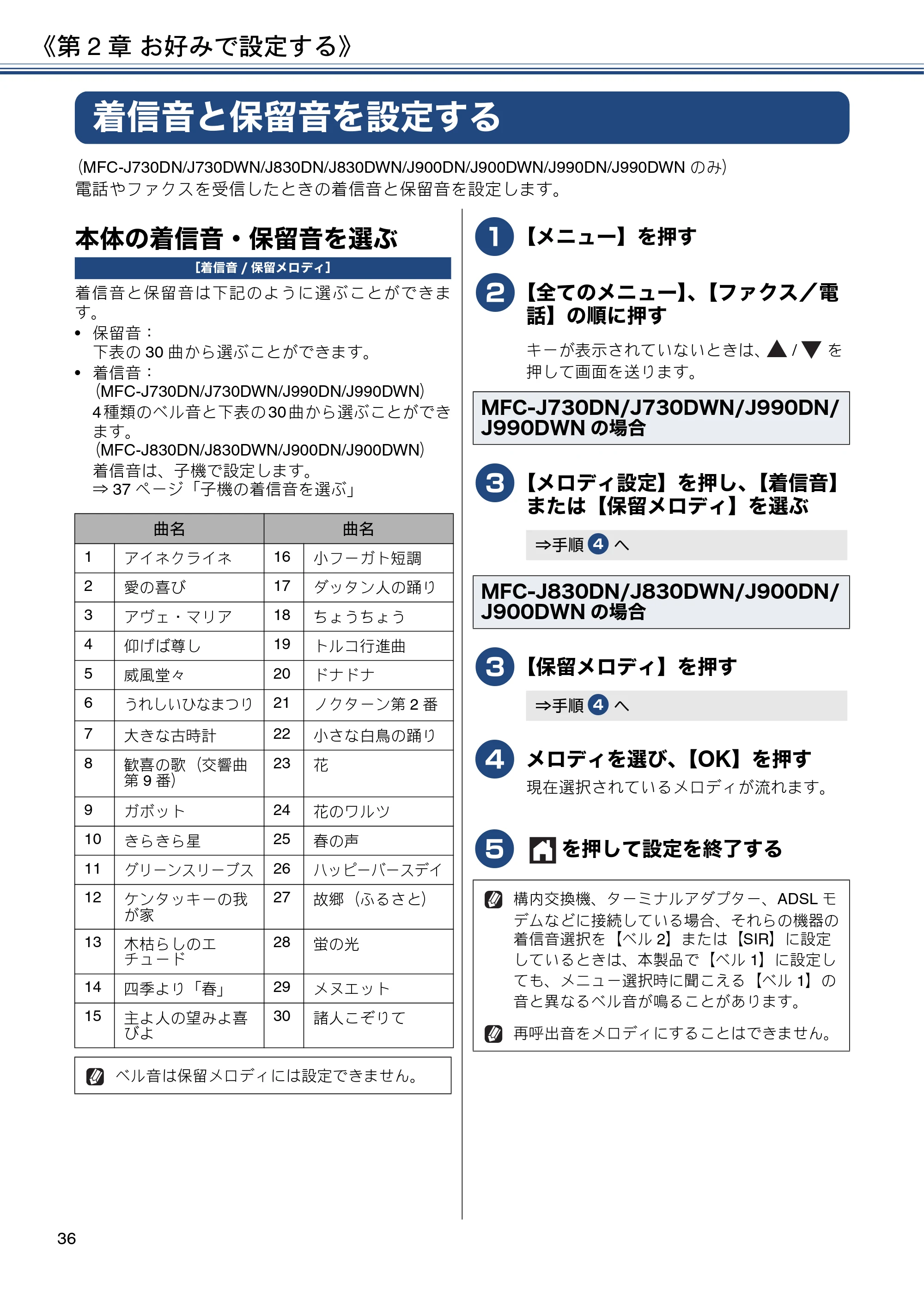 ブラザー DCP-J562N / DCP-J762N / DCP-J962N ユーザーズガイド ～応用編～ — 着信音と保留音を設定する — 原本ページ — 36ページ
