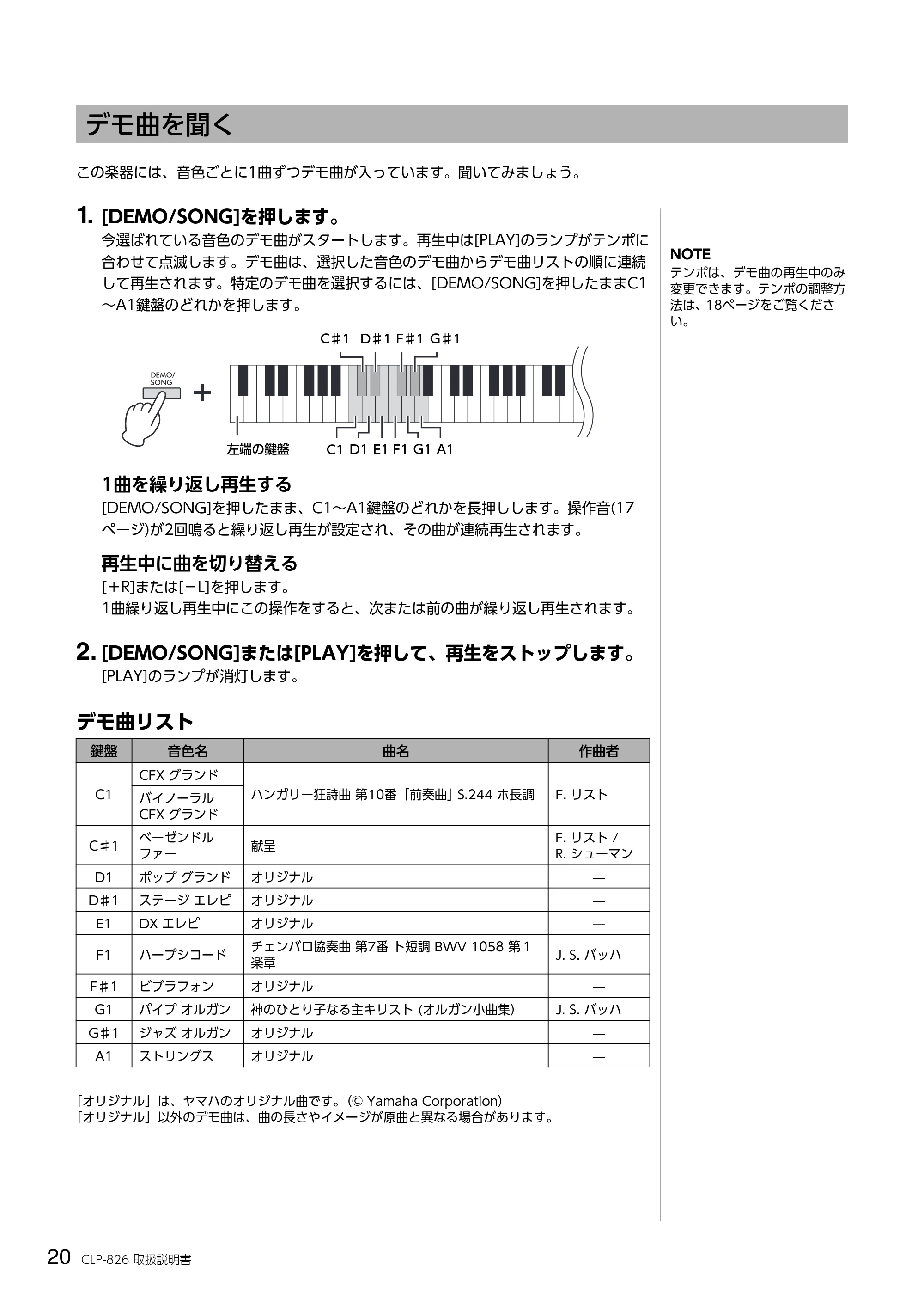 ヤマハ CLP-826 CLP-826 取扱説明書 — デモ曲を聞く — 原本ページ — 20ページ