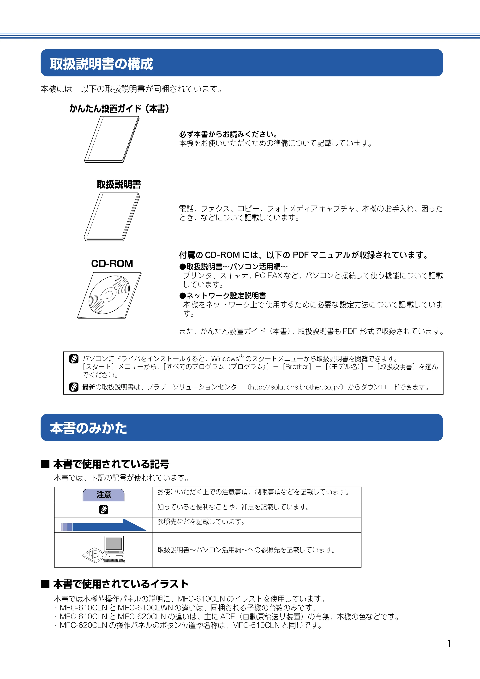 ブラザー MFC-610CLN / MFC-610CLWN / MFC-620CLN かんたん設置ガイド — 取扱説明書の構成 — 原本ページ — 2ページ