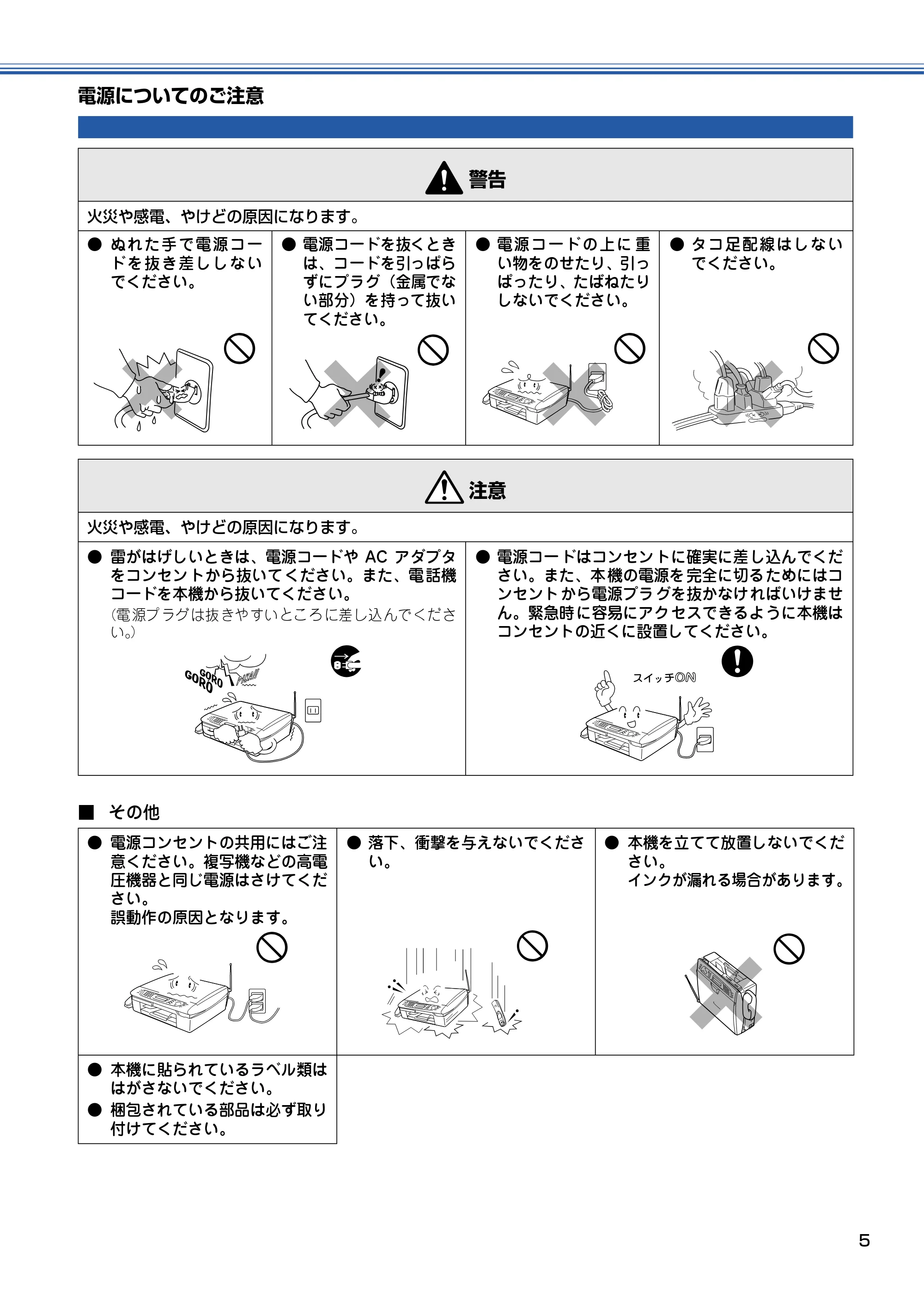ブラザー MFC-610CLN / MFC-610CLWN / MFC-620CLN かんたん設置ガイド — 電源についてのご注意 — 原本ページ — 6ページ
