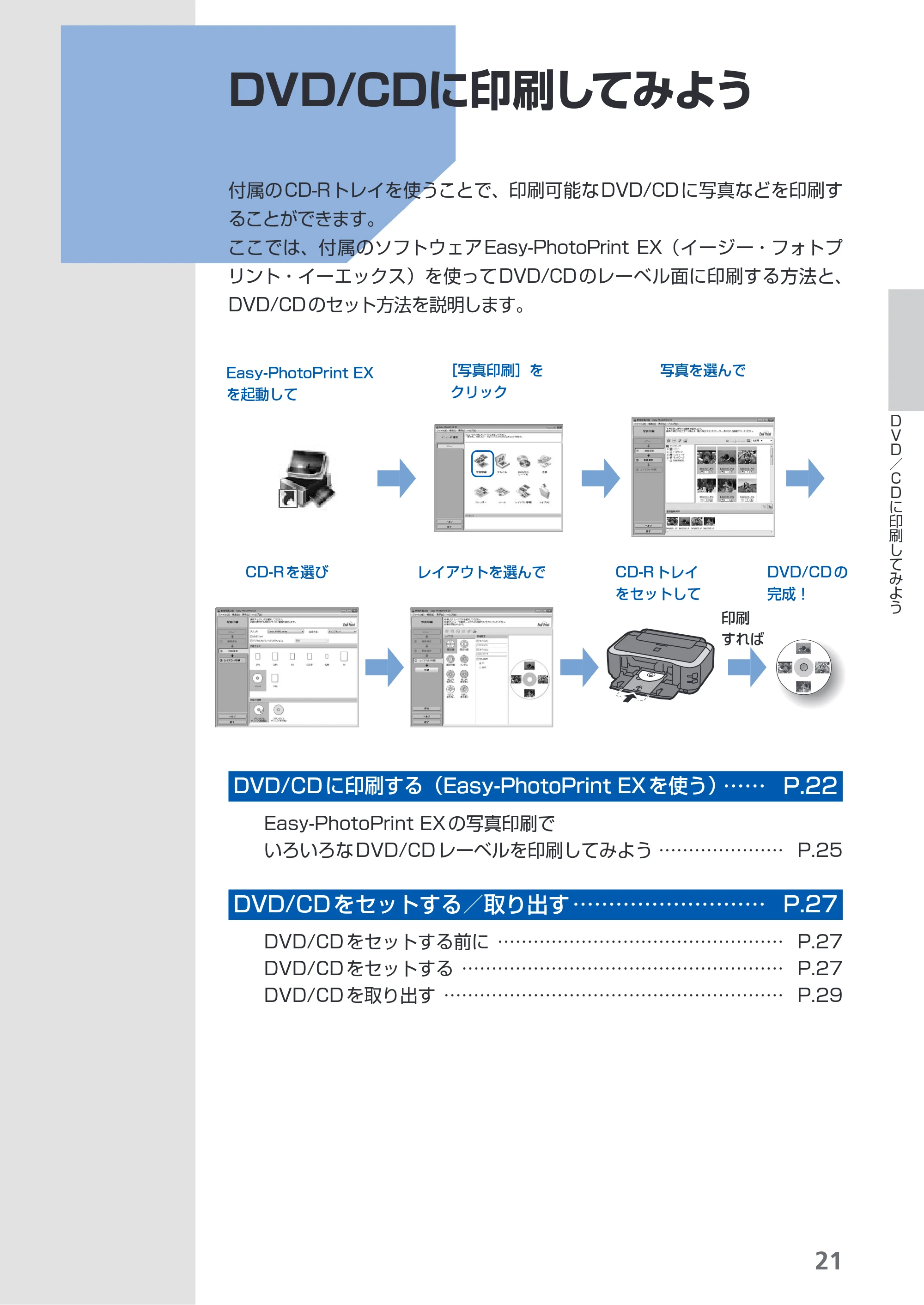 キヤノン PIXUS iP4600 らくらく操作ガイド （PDF形式／17.06Mバイト） — DVD/CDに印刷してみよう — 原本ページ — 23ページ