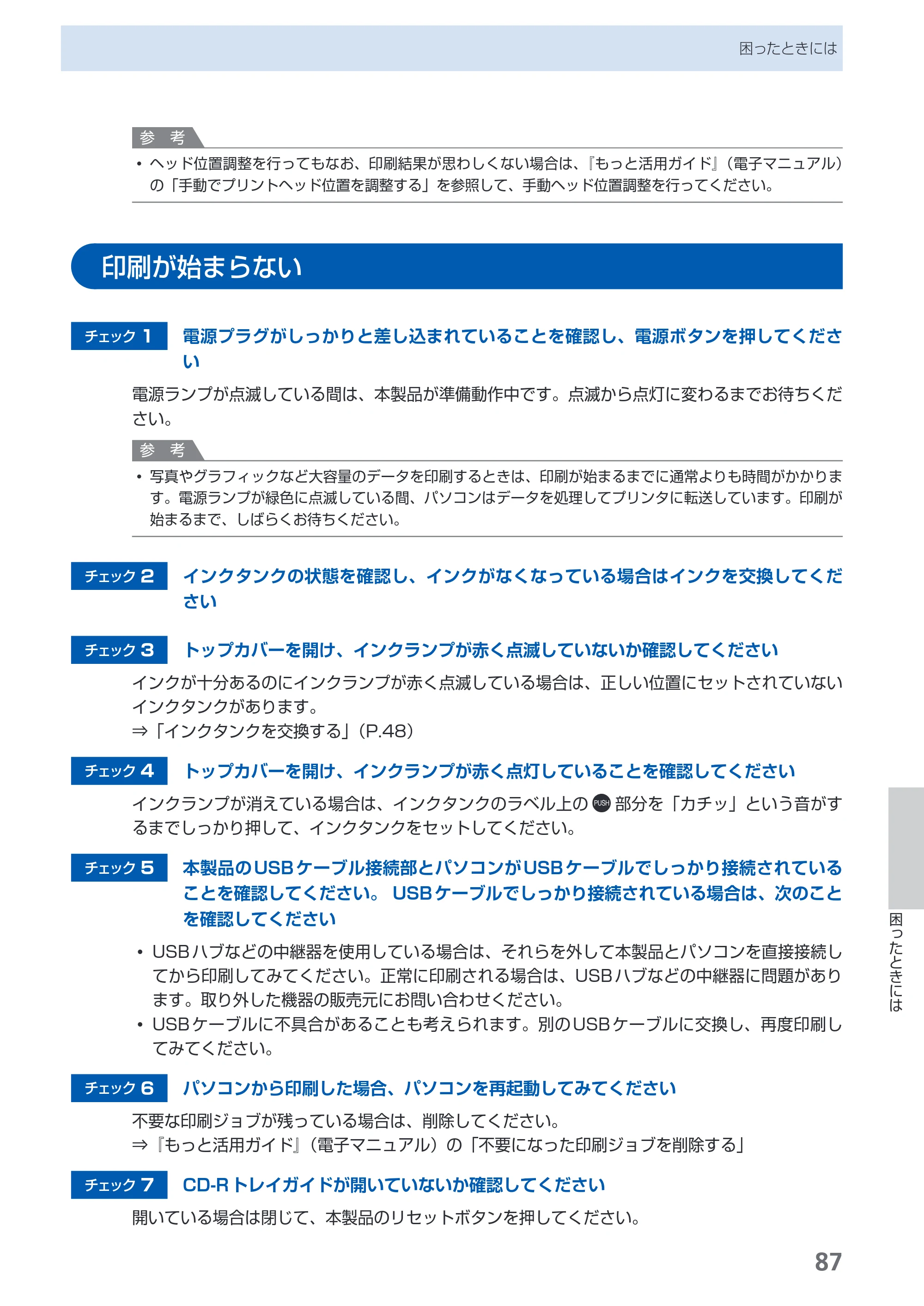 キヤノン PIXUS iP4600 らくらく操作ガイド （PDF形式／17.06Mバイト） — 印刷が始まらない — 原本ページ — 89ページ