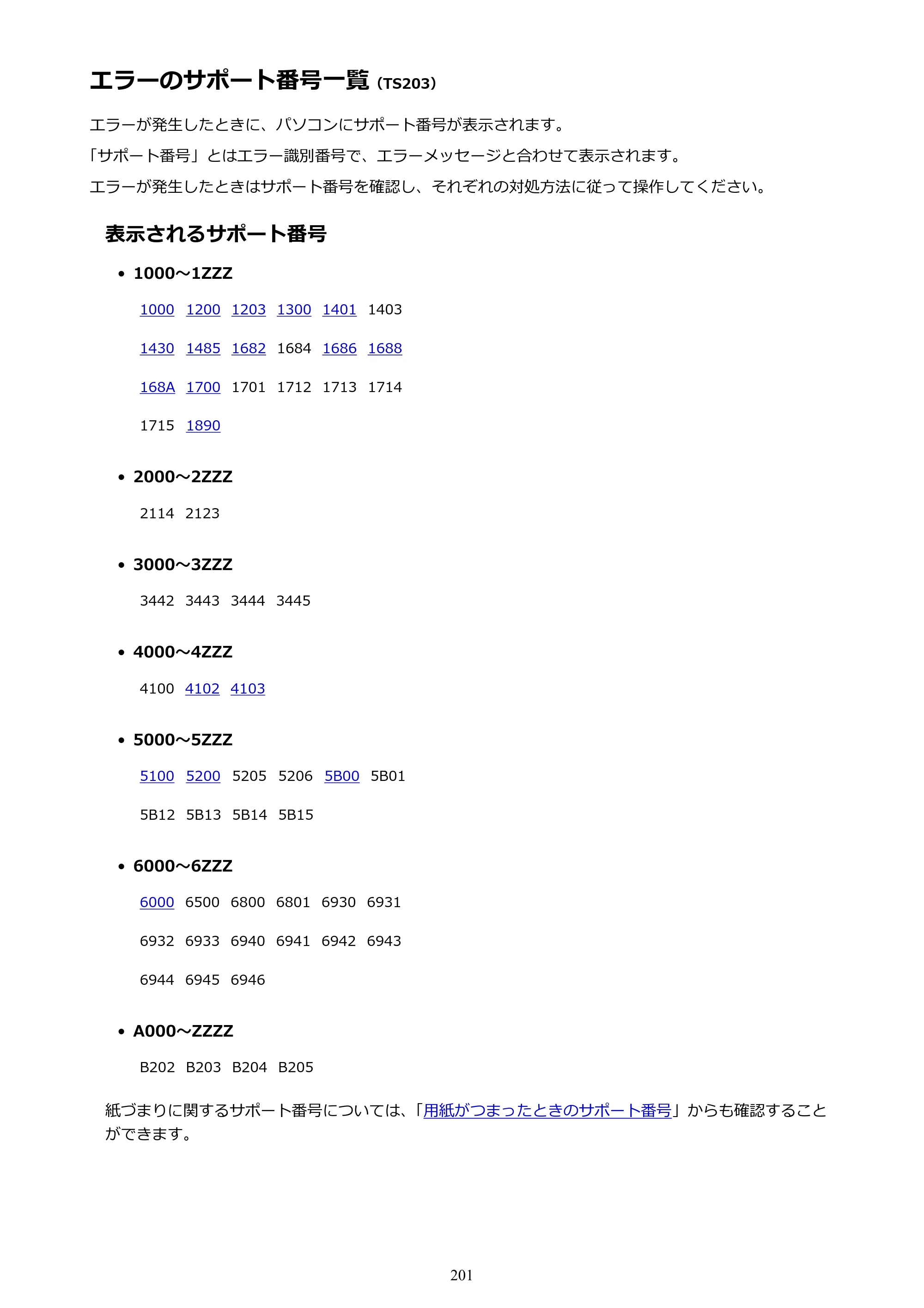 キヤノン PIXUS TS203 電子マニュアル PDF版 （Windows版）（PDF：5.10MB） — エラーのサポート番号一覧 — 原本ページ — 201ページ