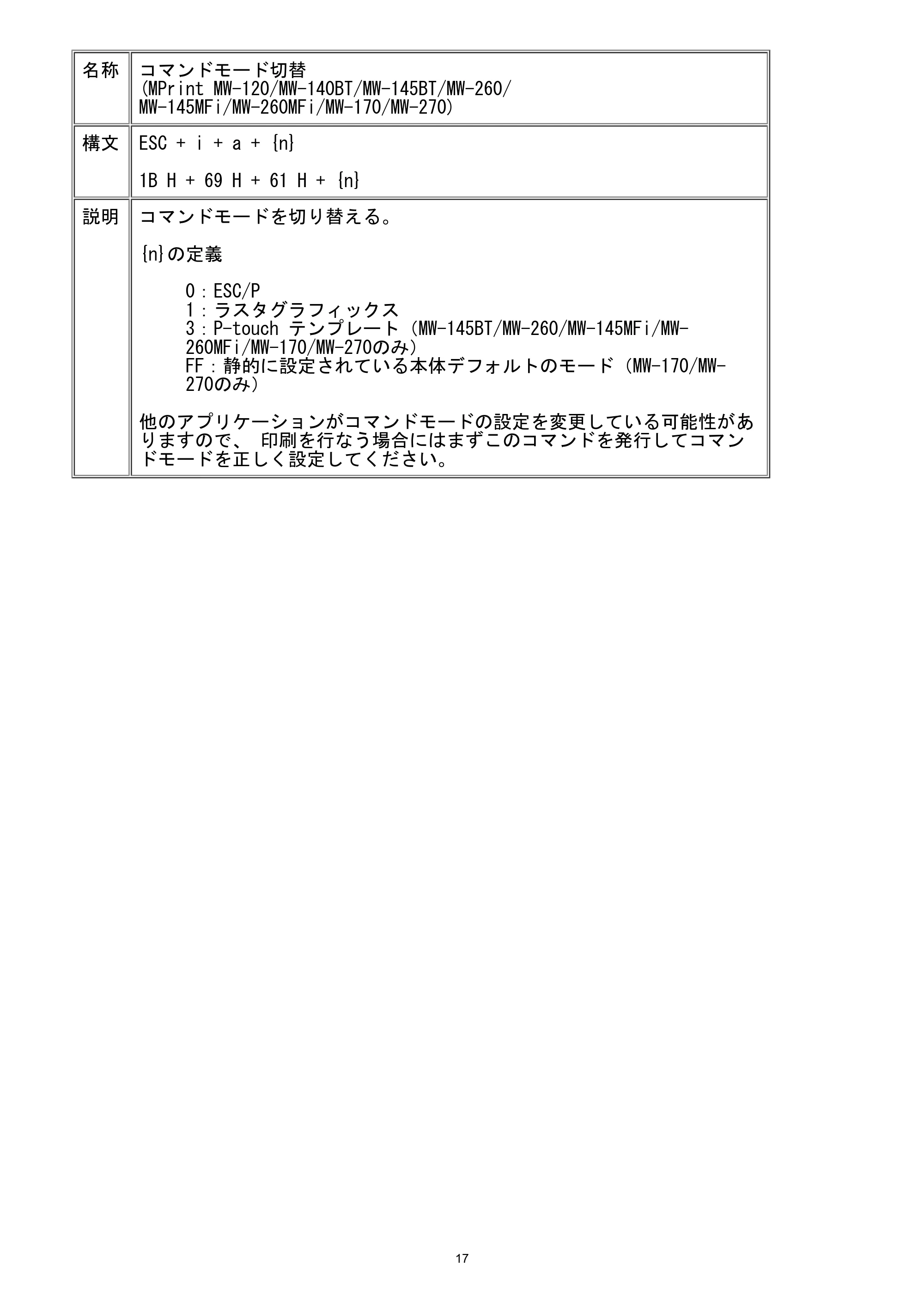 ブラザー MW-260 / MW-260MFi / MW-270 ラスターコマンドリファレンス — コマンドモード切替 (MPrint MW-120/MW-140BT/MW-145BT/MW-260/MW-145MFi/MW-260MFi/MW-170/MW-270) — 原本ページ — 23ページ
