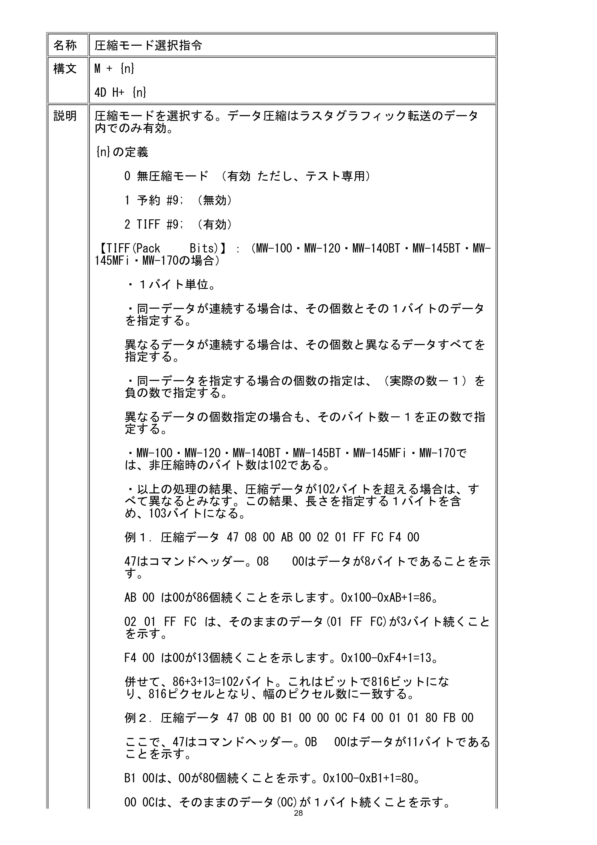 ブラザー MW-260 / MW-260MFi / MW-270 ラスターコマンドリファレンス — 圧縮モード選択指令 — 原本ページ — 34ページ