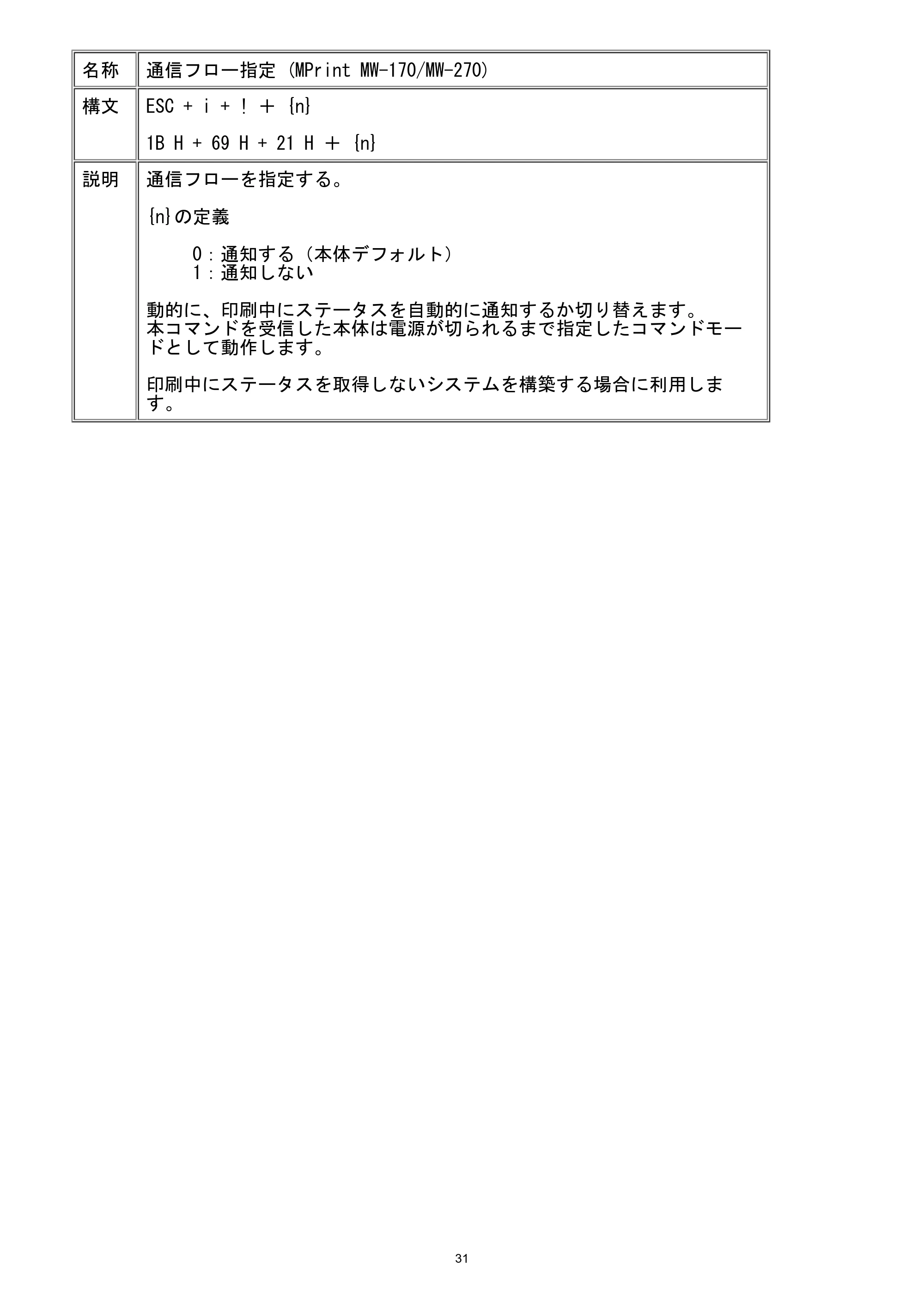 ブラザー MW-260 / MW-260MFi / MW-270 ラスターコマンドリファレンス — 通信フロー指定 (MPrint MW-170/MW-270) — 原本ページ — 37ページ