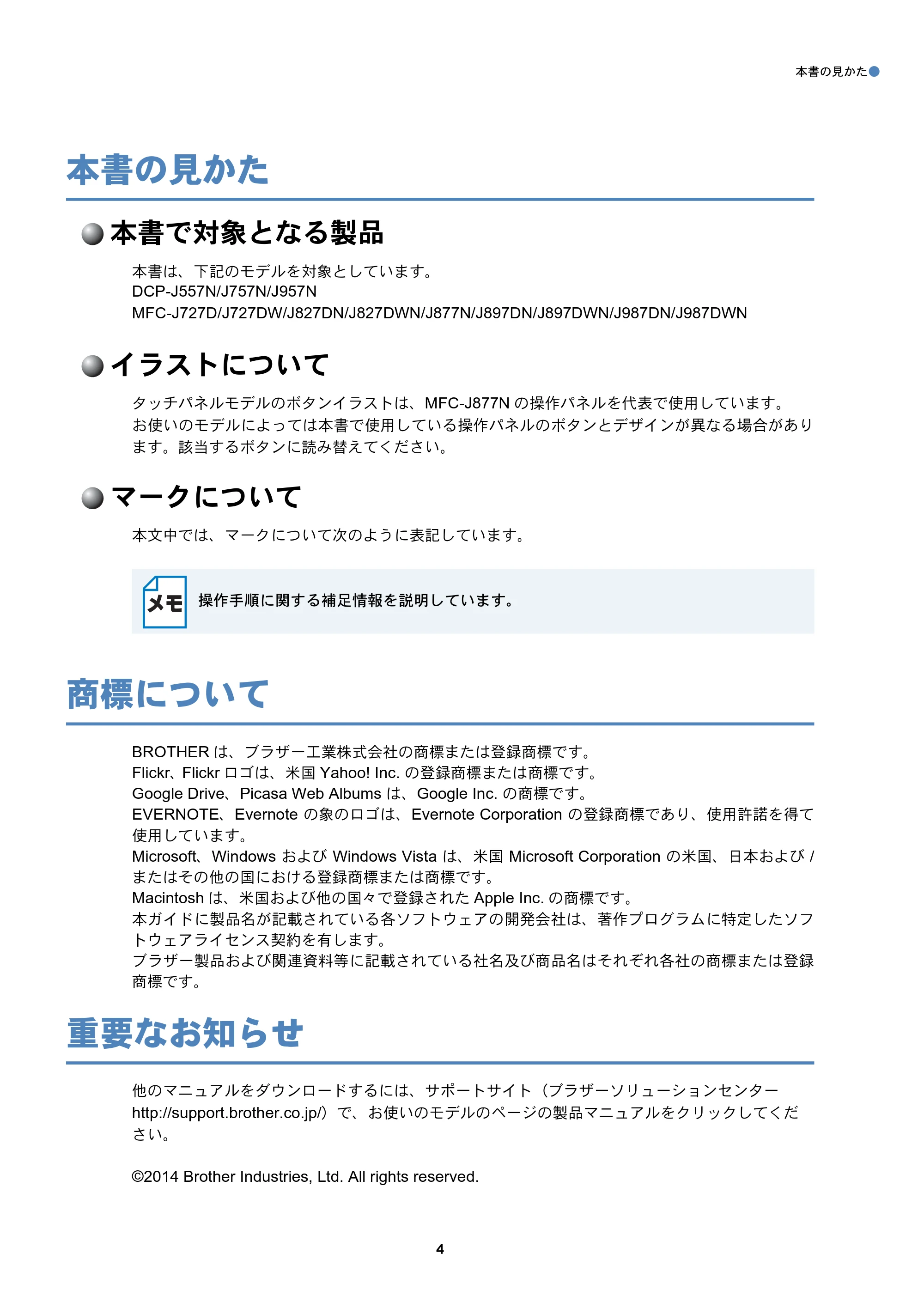 ブラザー DCP-J557N / DCP-J757N / DCP-J957N クラウド接続ガイド — 本書の見かた — 原本ページ — 4ページ